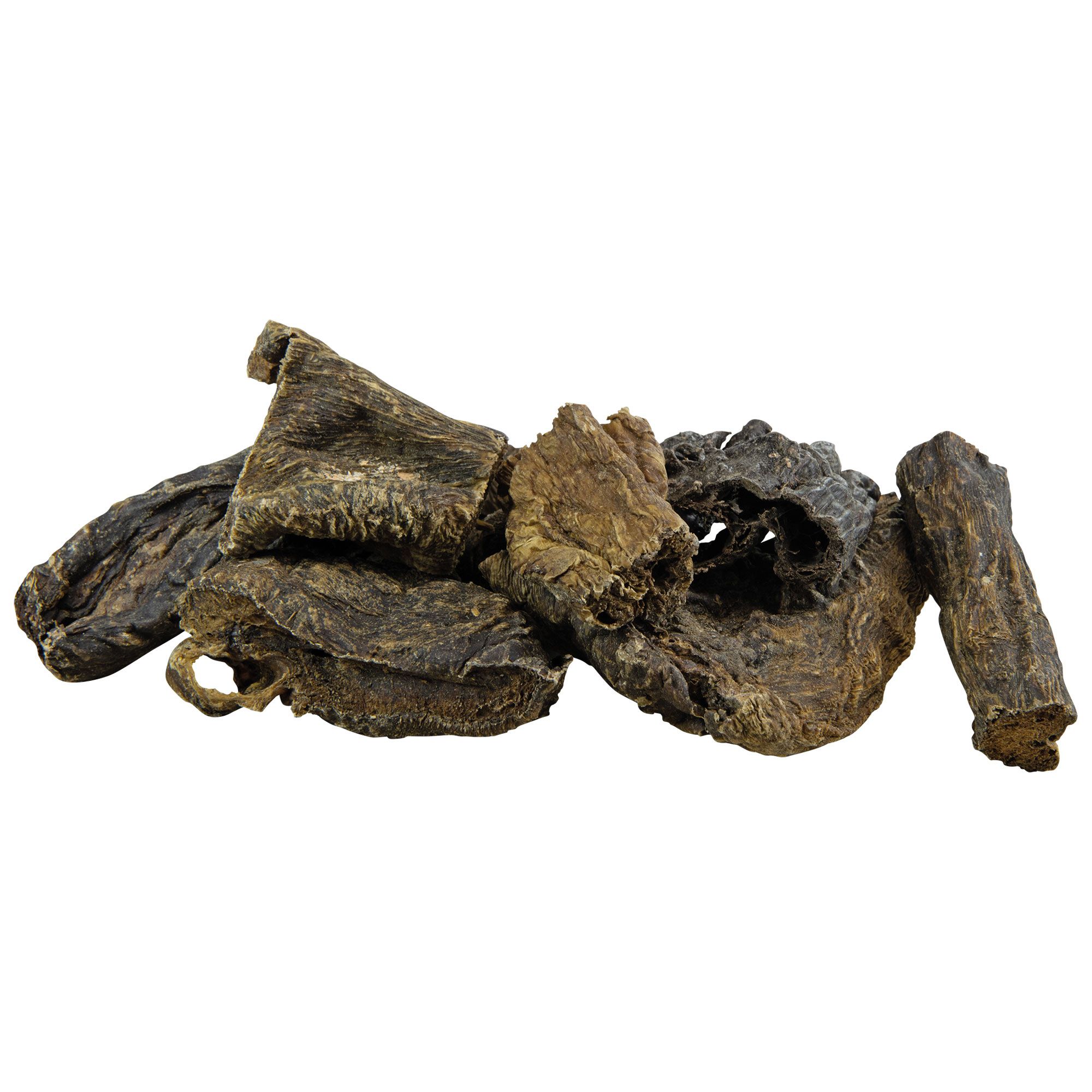 Getrocknete Rinderlunge, unregelmäßig geformt, braun und dunkelbraun. Mehrere Stücke liegen auf weißem Hintergrund.
