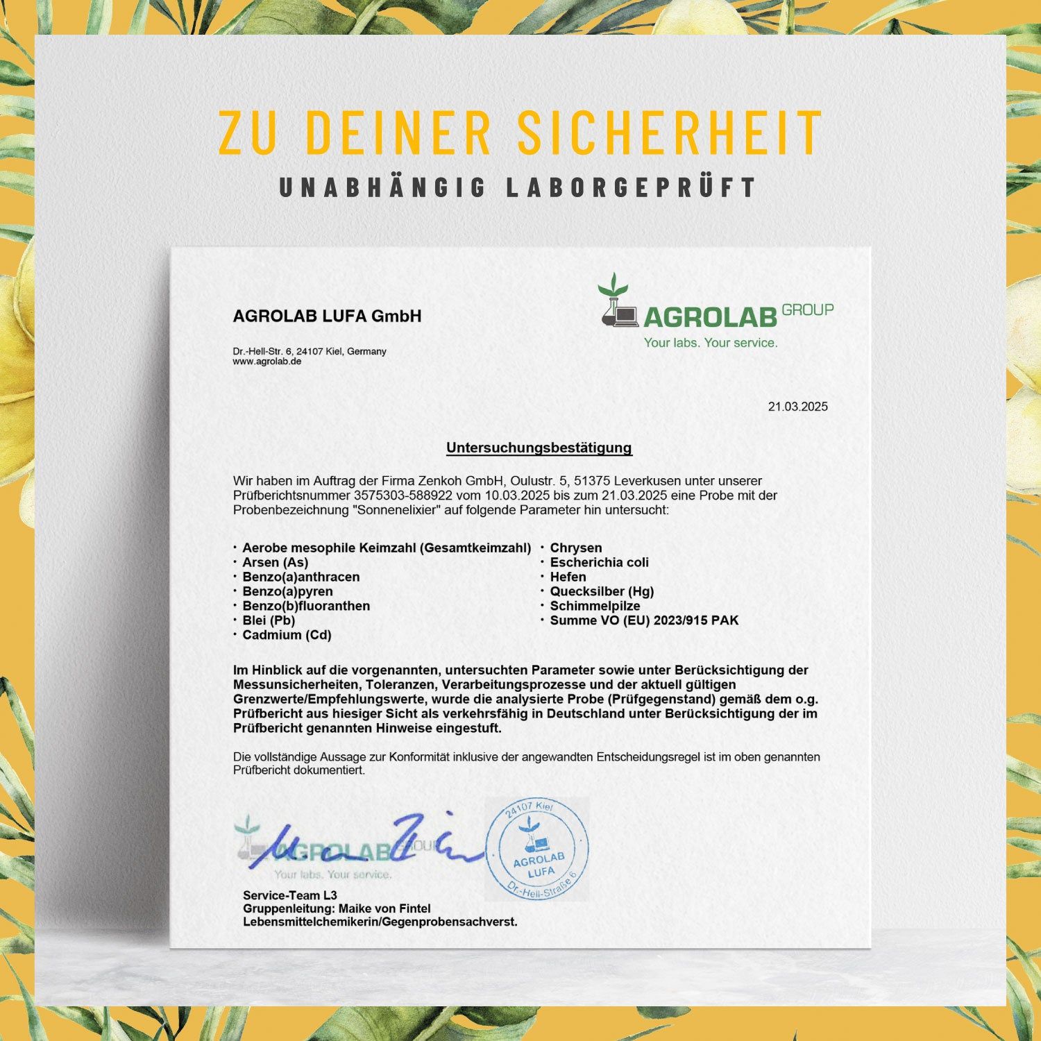 Zertifikat von Agrolab LUFA GmbH. Bestätigt die Untersuchung von Sonnenelixier auf verschiedene Parameter.