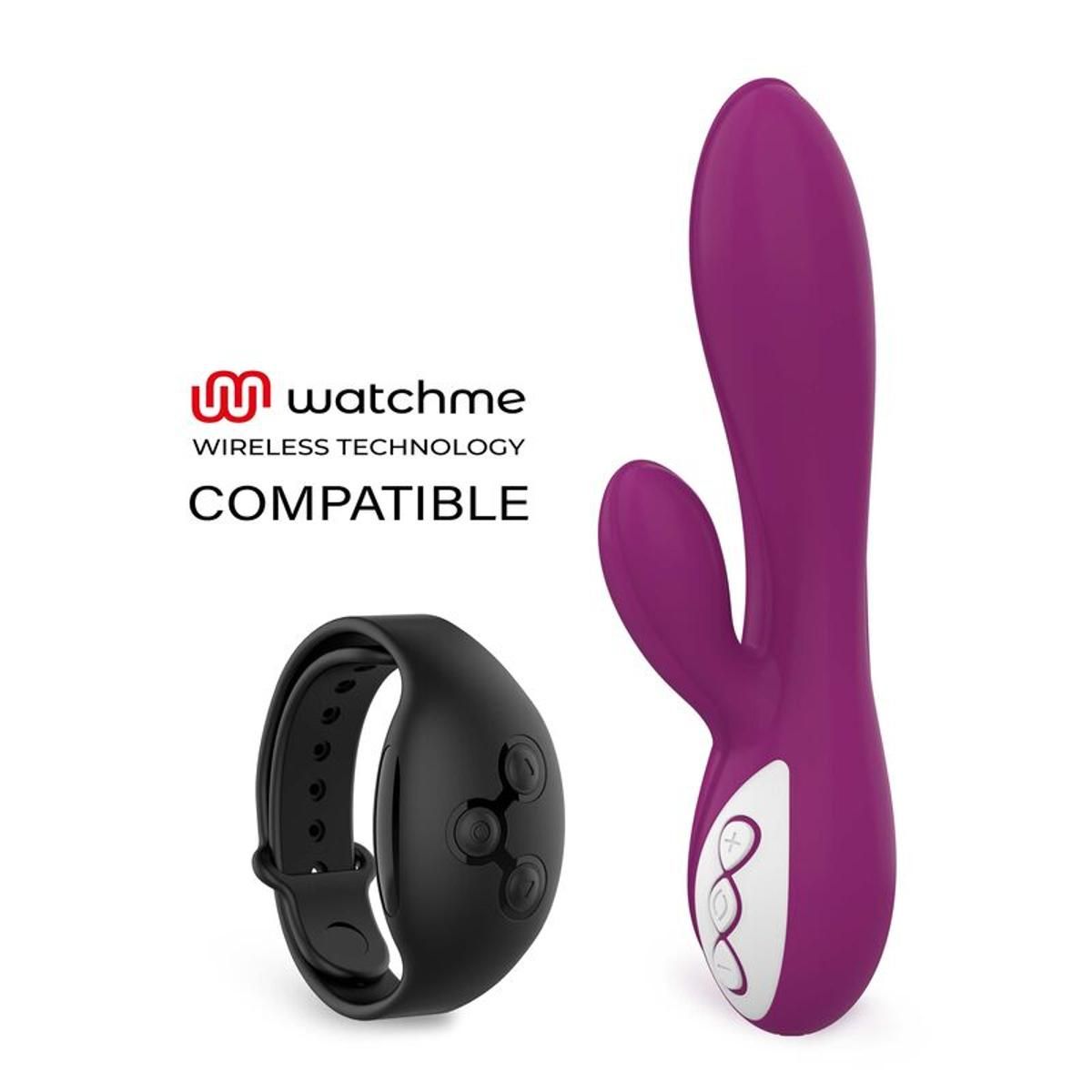 Lila Vibrator und schwarze Fernbedienung. Fernbedienung mit Knöpfen. Logo 'watchme'.