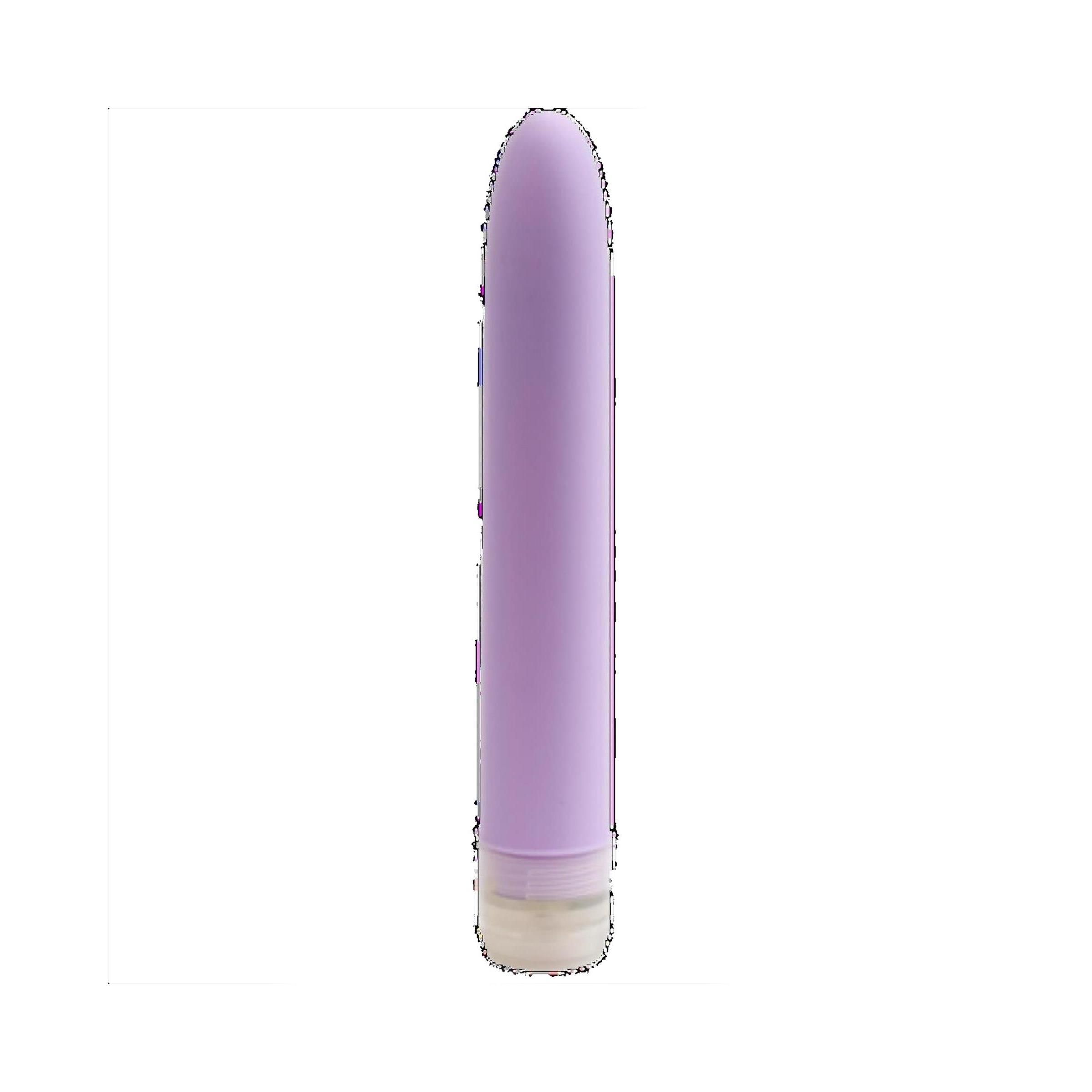 Lila Vibrator. Zylindrische Form mit abgerundeter Spitze. Unterteil weiß.