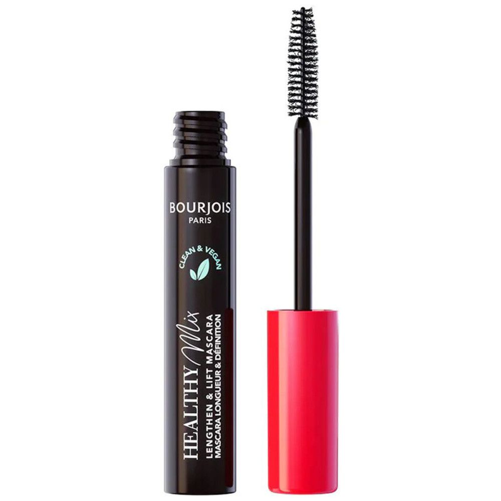 Mascara-Tube mit Bürste. Schwarze Tube, roter Deckel. Aufschrift: Bourjois Paris, Healthy Mix.