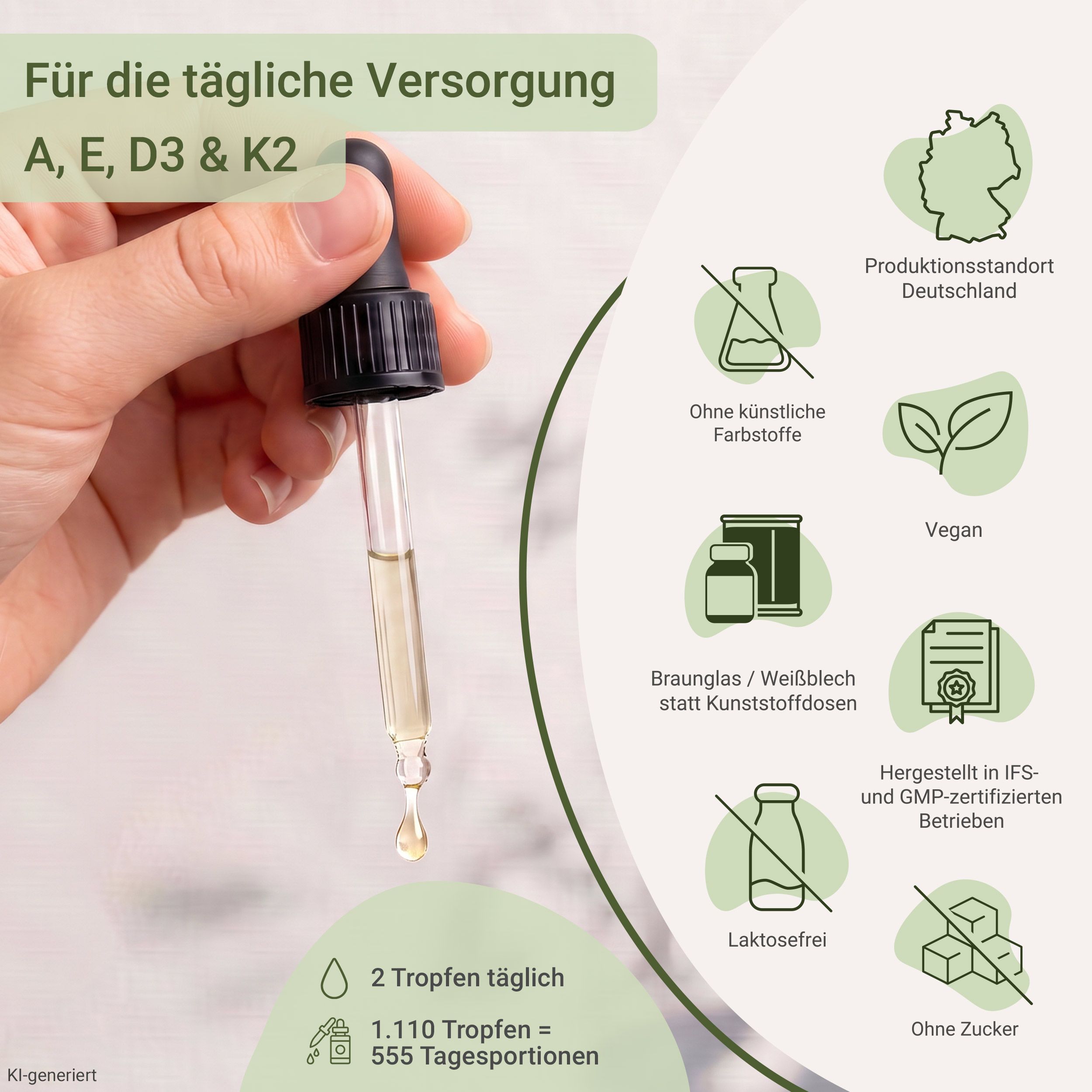 Hand hält Pipette mit Vitamin-Tropfen, daneben Icons für Produktion Deutschland, Vegan, Laktosefrei.