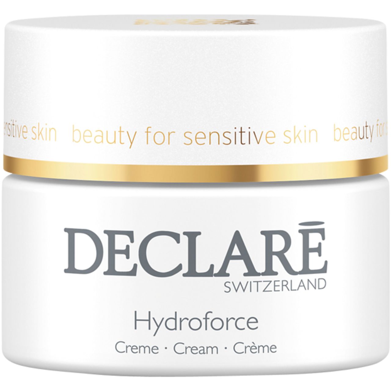 Weißer Tiegel mit goldfarbenem Deckel. Schriftzug DECLARÉ, Hydroforce, Creme. Text: beauty for sensitive skin.