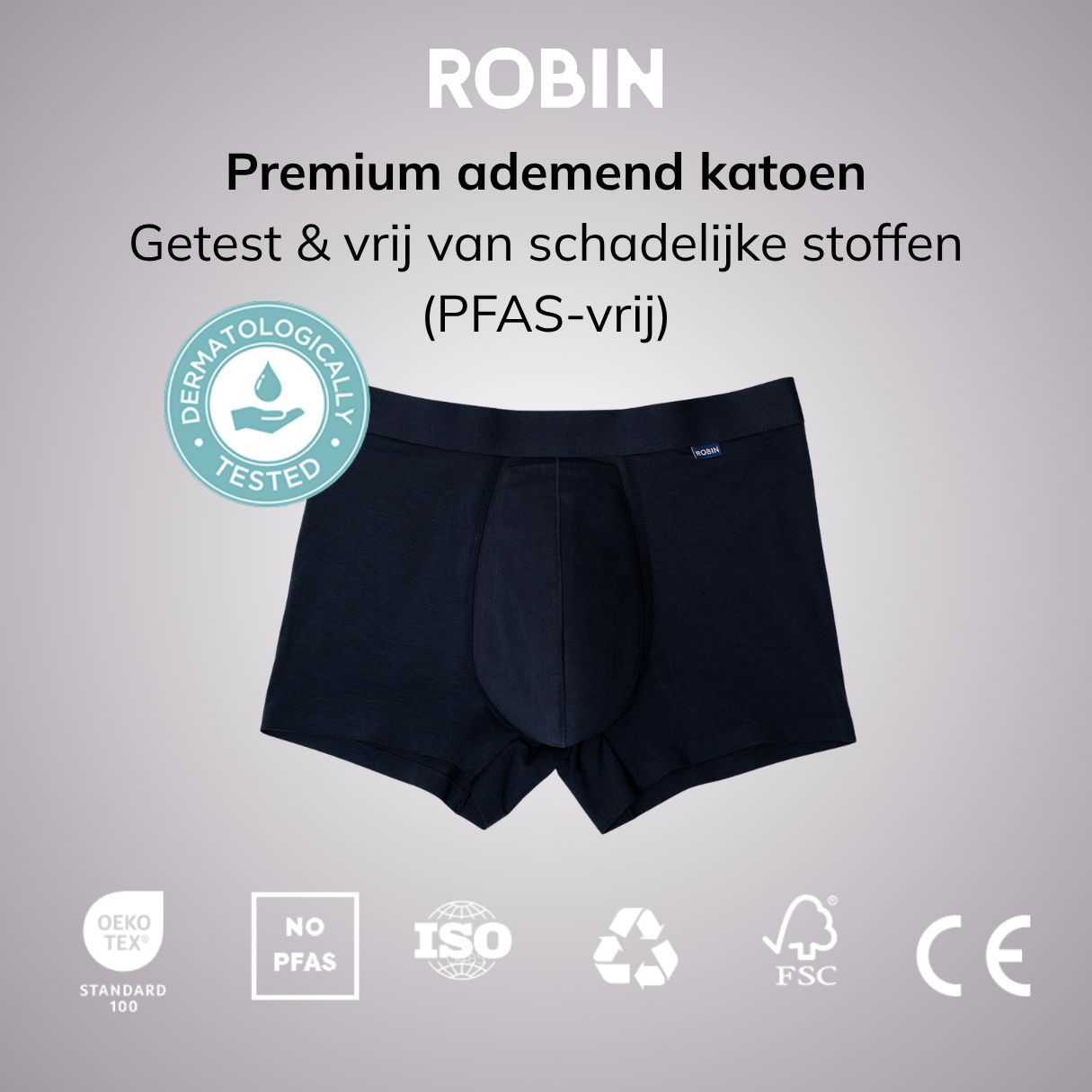 Dunkelblaue Herren-Boxershorts aus atmungsaktiver Baumwolle. Dermatologisch getestet, PFAS-frei. OEKO-TEX, ISO, FSC Siegel.