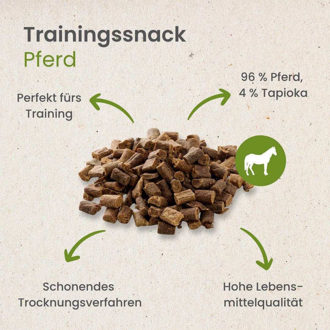 Ein Haufen kleiner, zylindrischer Trainingssnacks für Pferde.