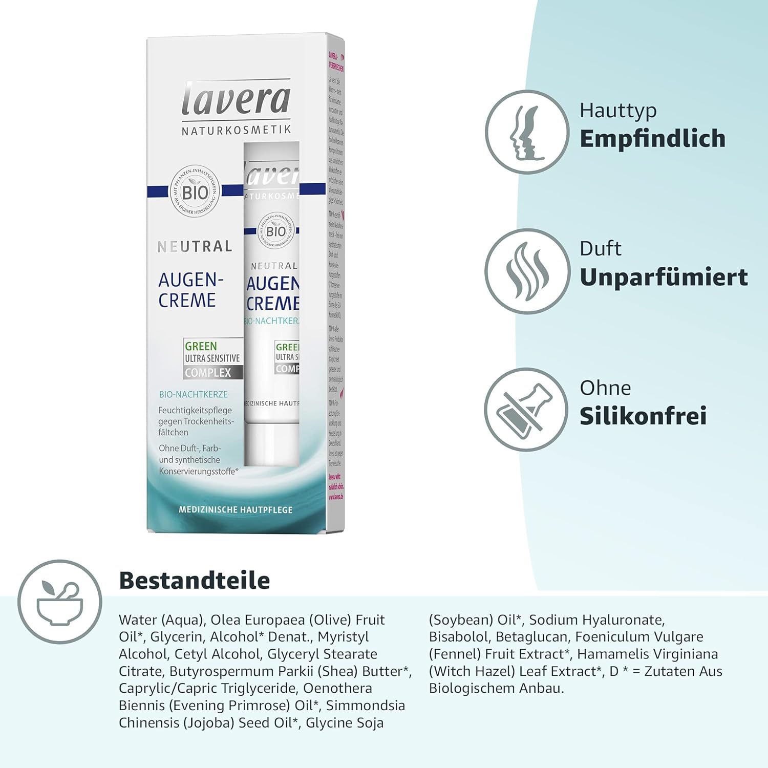 Augencreme-Tube in Faltschachtel. Text: Neutral, Augen-Creme, Green Ultra Sensitive Complex. Bio-Siegel. Für empfindliche Haut.