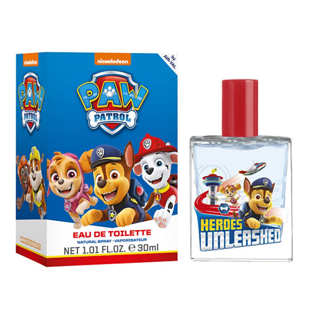 Produktverpackung und Flakon. Verpackung mit Paw Patrol-Figuren und Schriftzug. Flakon mit Paw Patrol-Motiv und 'Heroes Unleashed'.