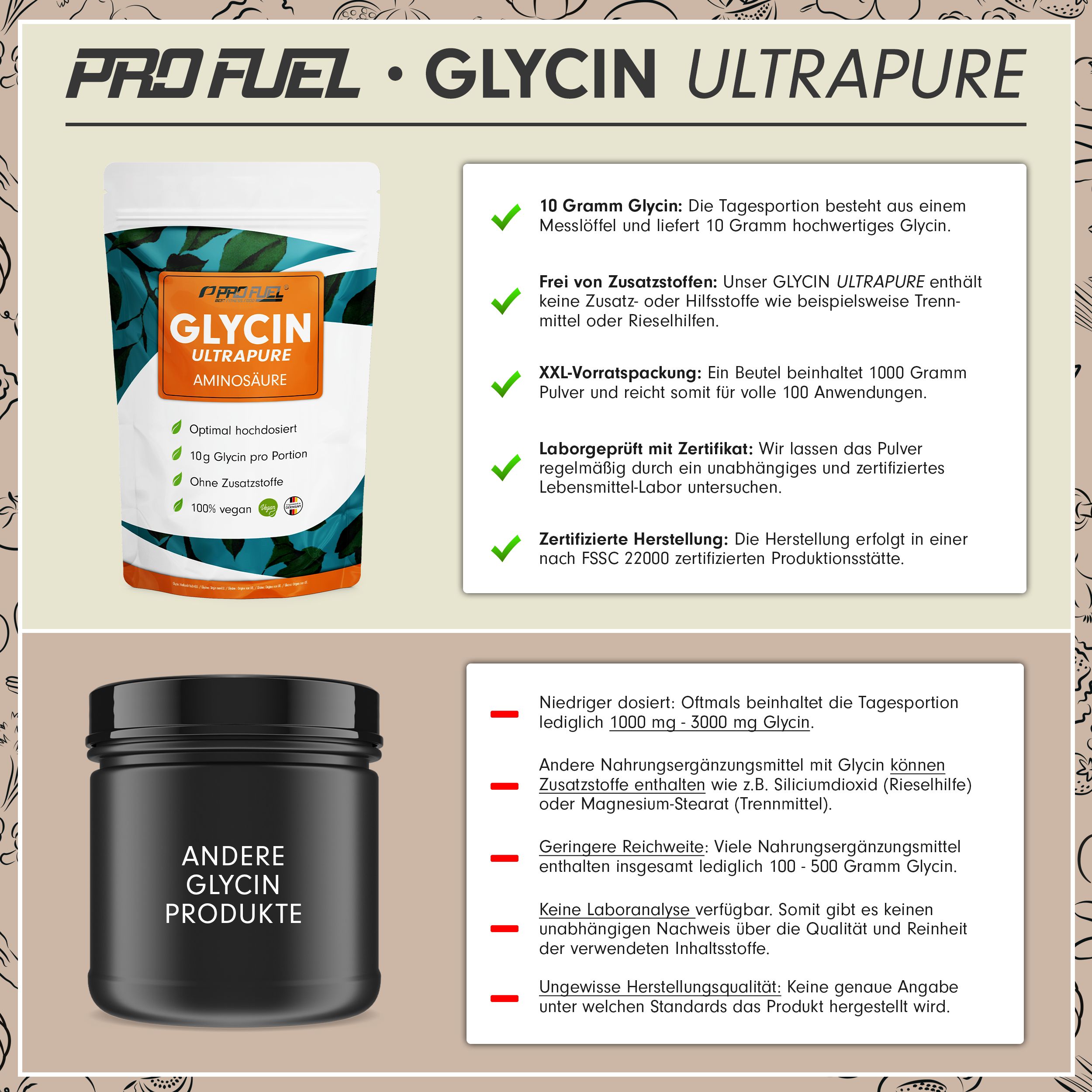 Pro Fuel Glycin Ultrapure Pulver, 1000g, Laborgeprüft.