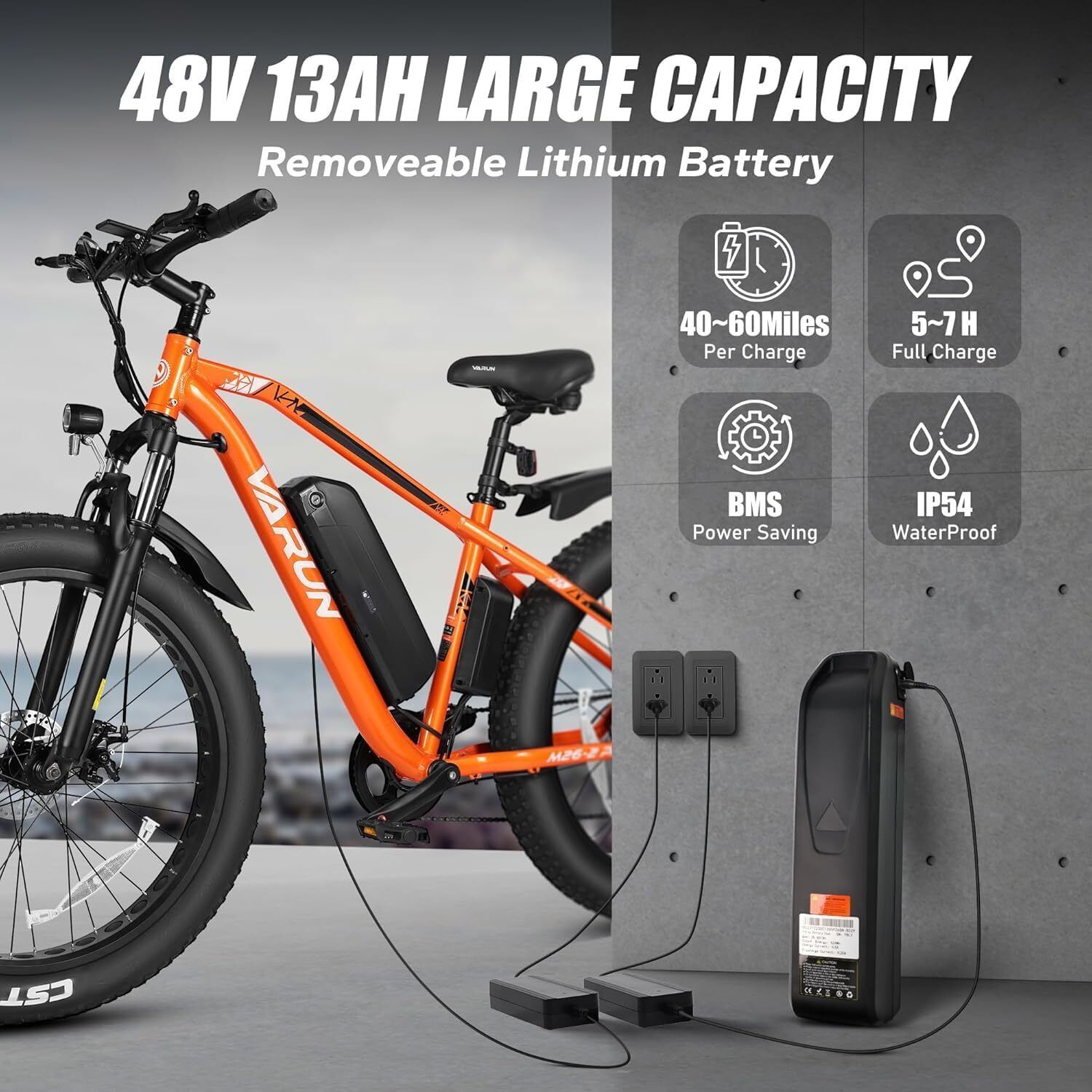Orangefarbenes E-Mountainbike mit abnehmbarem Akku. Text: 48V 13AH LARGE CAPACITY. Ladezeiten und Reichweite.