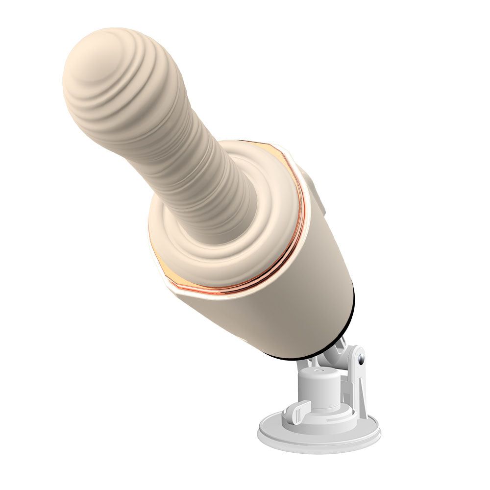 Beige Vibrator mit weißem, geriffeltem Aufsatz, Bedienfeld und Saugfuß. Das Gerät ist angewinkelt.