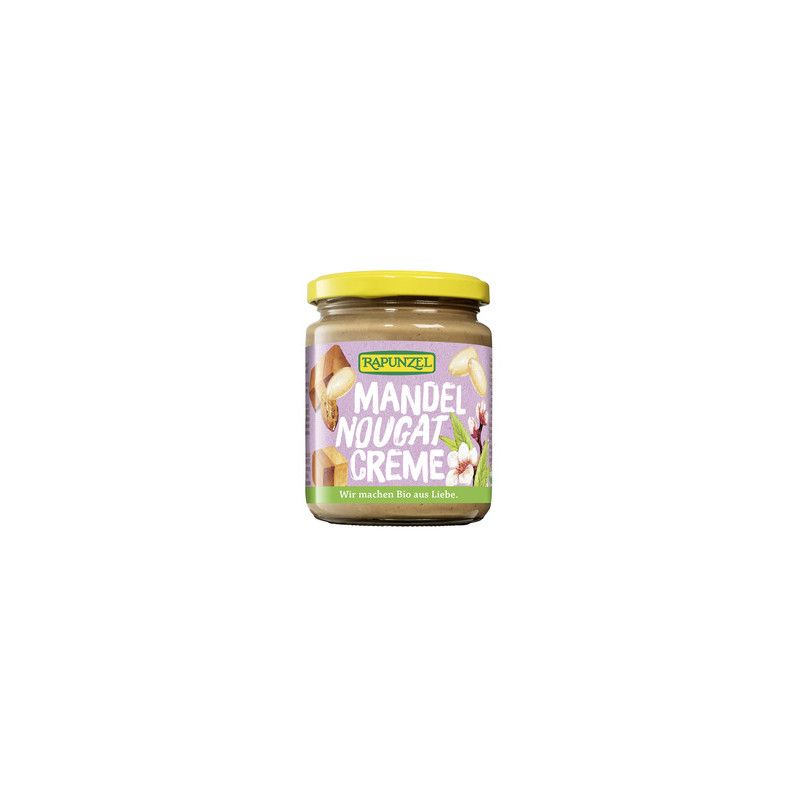 Glas Mandel-Nougat-Creme. Gelber Deckel, lila Etikett mit Produktnamen und Abbildungen von Mandeln und Blüten.