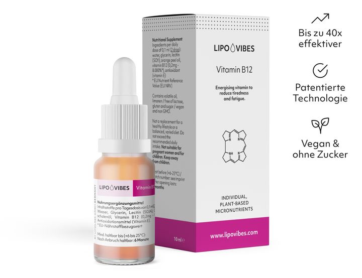 Fläschchen mit Vitamin B12 und Verpackung. Aufschrift: LipoVibes, Vitamin B12. Enthält Tropfer. Auf der Verpackung: Vegan & ohne Zucker.