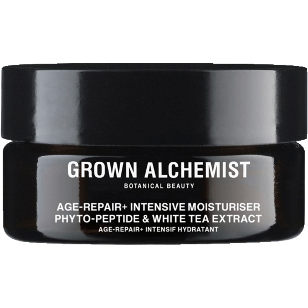 Dunkles Glas mit weißem Schriftzug. Aufschrift: Grown Alchemist, Age-Repair+ Intensive Moisturiser.