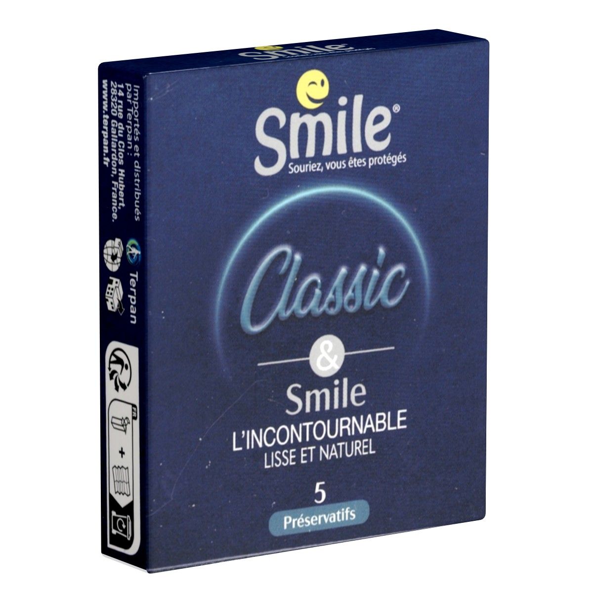 Dunkelblaue Schachtel mit Produktnamen Smile Classic & Smile. Enthält 5 Präservative. Text: Lisse et Naturel.