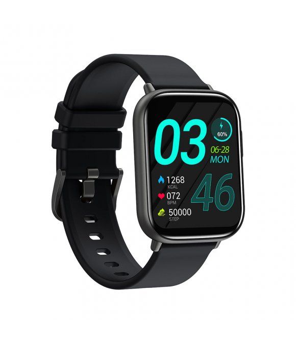 Schwarze Smartwatch mit quadratischem Display. Anzeige von Uhrzeit, Gesundheitsdaten und Fortschrittsanzeige. Schwarzes Armband.