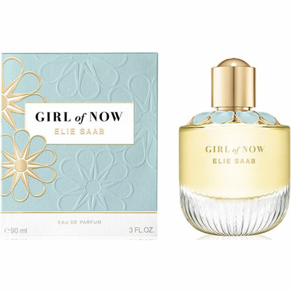 Elie Saab Girl of Now Eau de Parfum 90ml Flakon und Box mit hellblauem Blumenmuster.