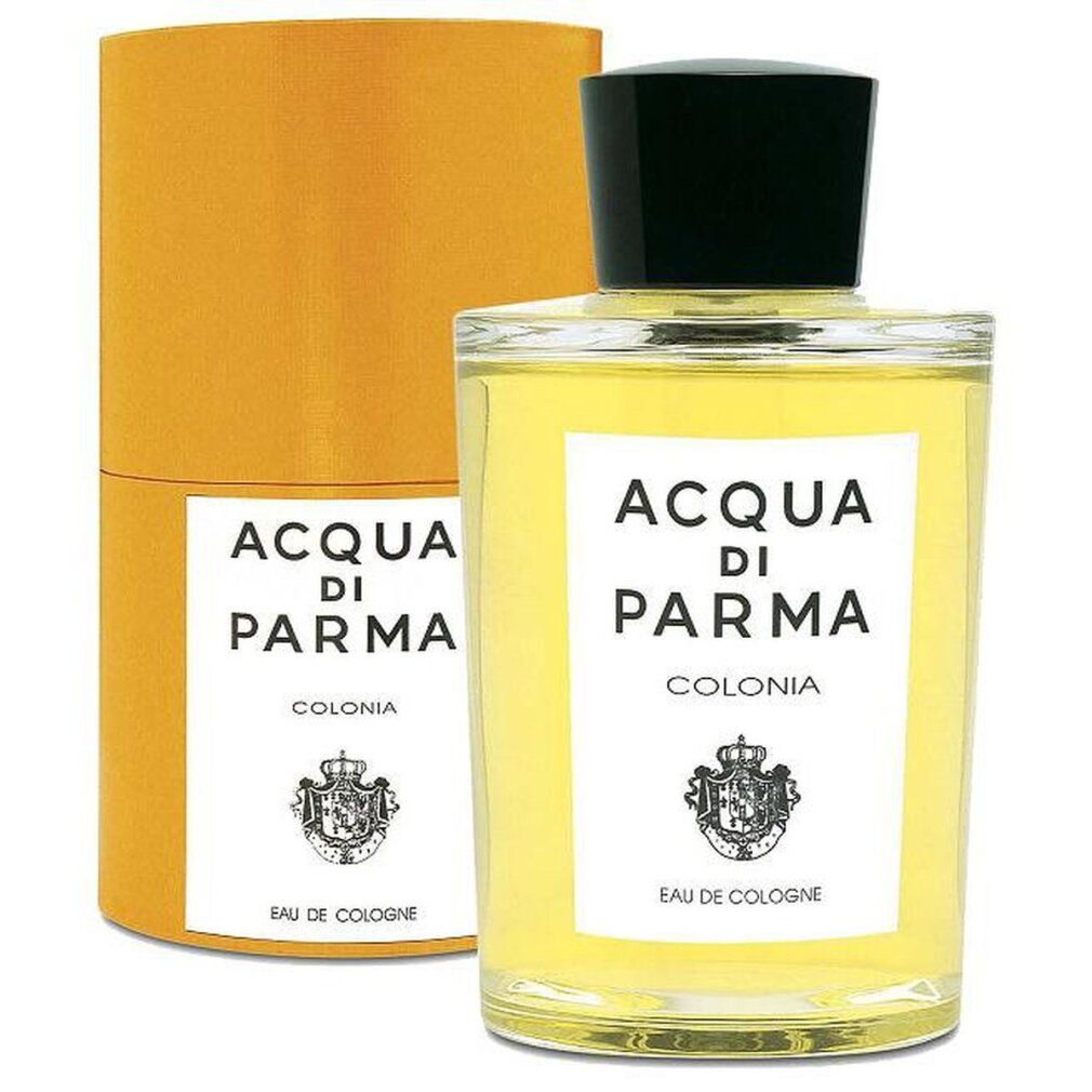 Glasflakon und zylindrische Verpackung. Aufschrift: Acqua di Parma Colonia. Logo und Text auf weißem Etikett.