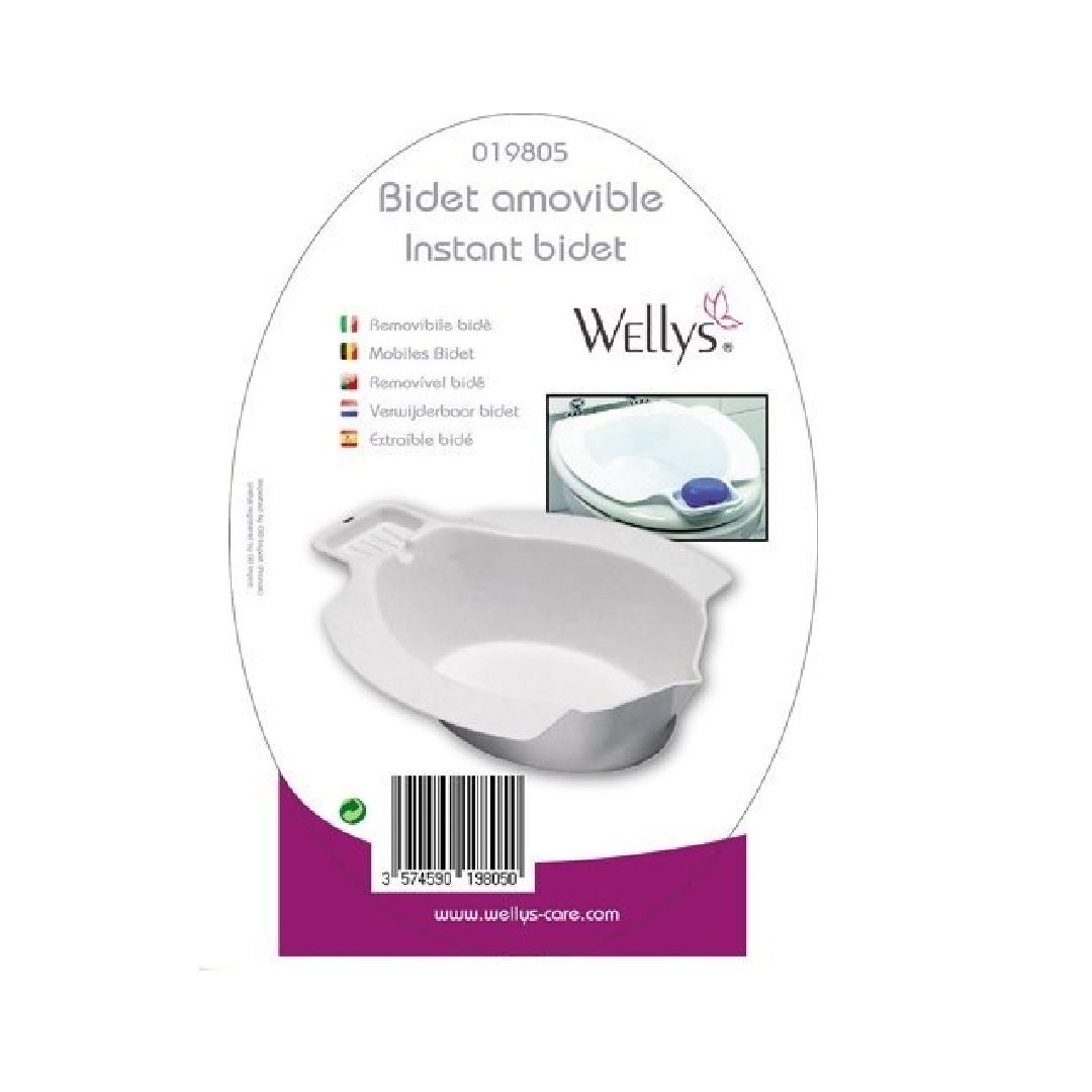 Verpackung mit abnehmbarem Bidet. Produktname und Marke Wellys sichtbar.