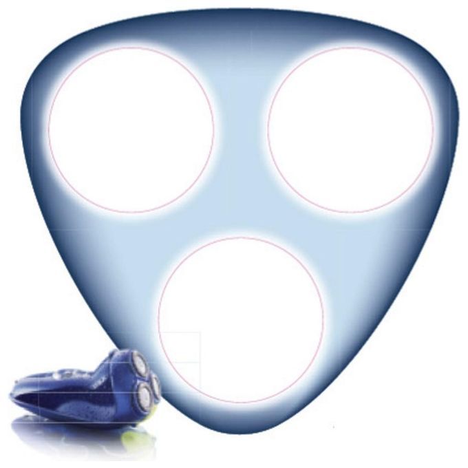 Accessorio per rasoio blu con tre testine rotonde. Presentato su sfondo triangolare chiaro.