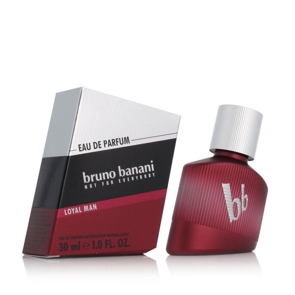 Rotes Parfümflakon und Schachtel. Auf der Schachtel steht "Bruno Banani Loyal Man". Flakon mit weißem Deckel und "bb" Logo.