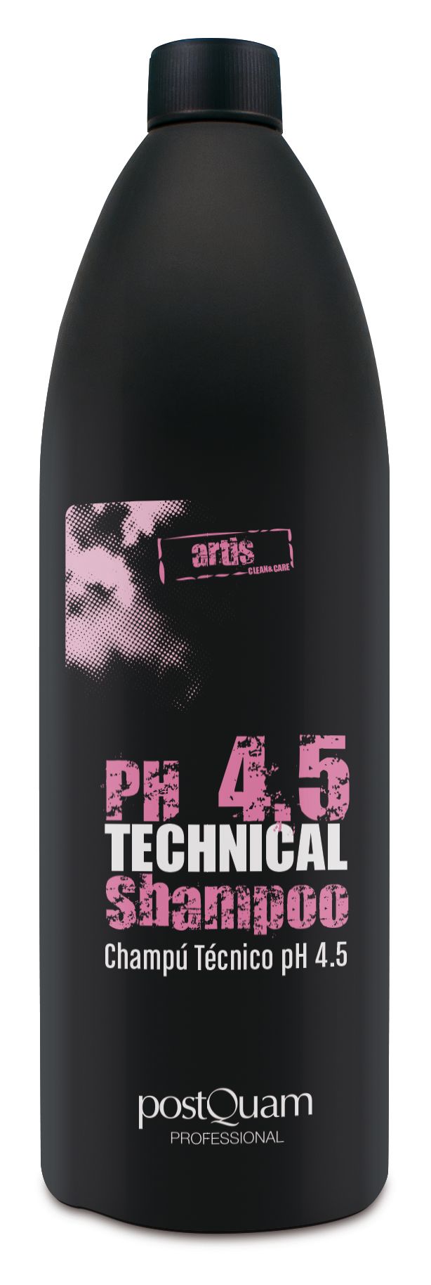 Schwarze Flasche mit schwarzem Deckel. Rosa Schriftzug: PH 4.5 TECHNICAL shampoo. Marke: postQuam PROFESSIONAL.