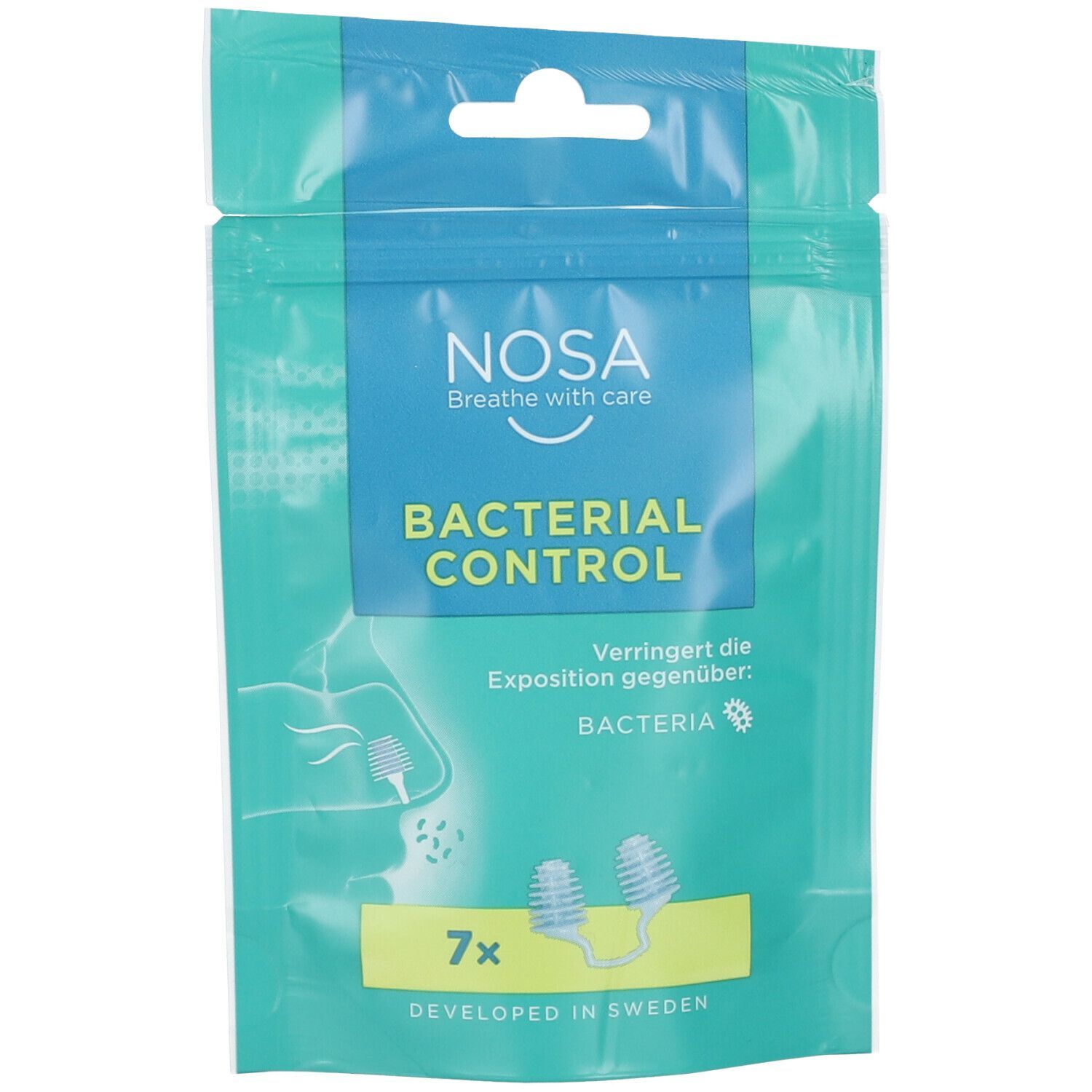 Verpackung mit Nasenfiltern. Text: NOSA BACTERIAL CONTROL. Grün-weiße Verpackung mit Produktabbildung und Text.