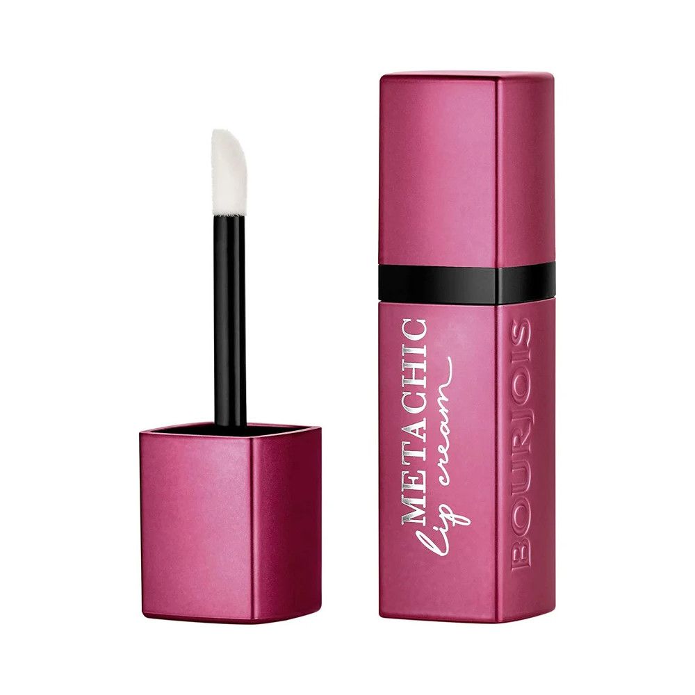 Lippencreme-Flakon, rosa, mit Applikator. Aufschrift: Metachic lip cream, Bourjois. Applikator mit weißer Spitze.