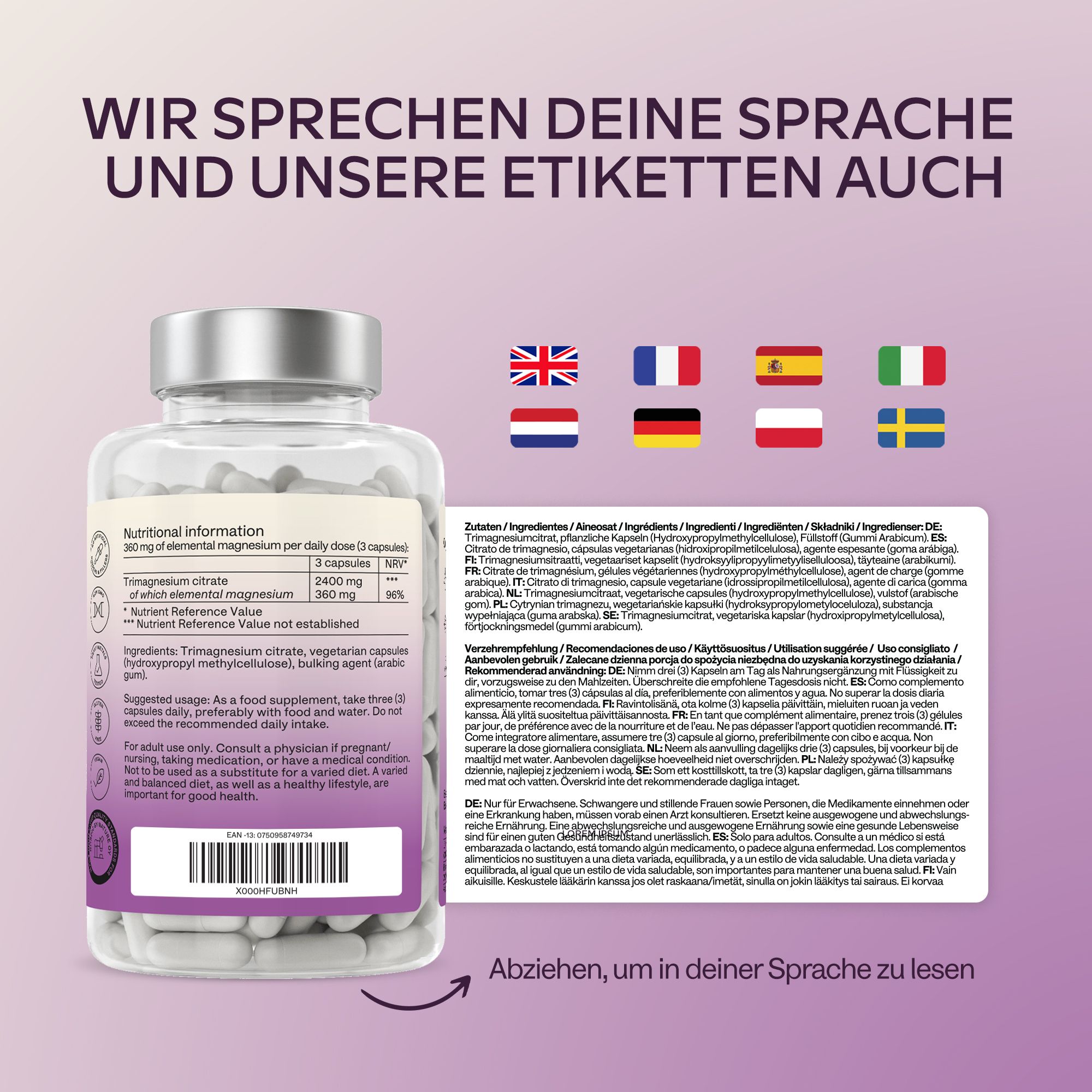 Flasche Magnesiumcitrat mit mehrsprachigen Etiketten.