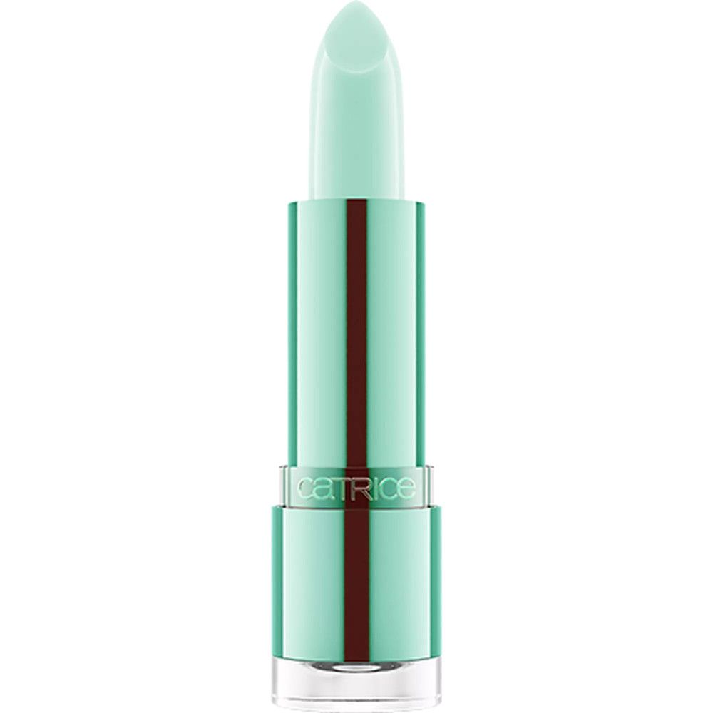 Lippenbalsam in mintgrüner Hülse. Der Lippenstift ist herausgedreht. Der Schriftzug CATRICE ist sichtbar.