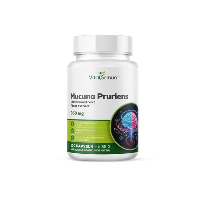 Weiße Flasche mit VitaSanum® Mucuna Pruriens Kapseln. Grün-weißes Etikett mit Produktinformationen und Illustration.