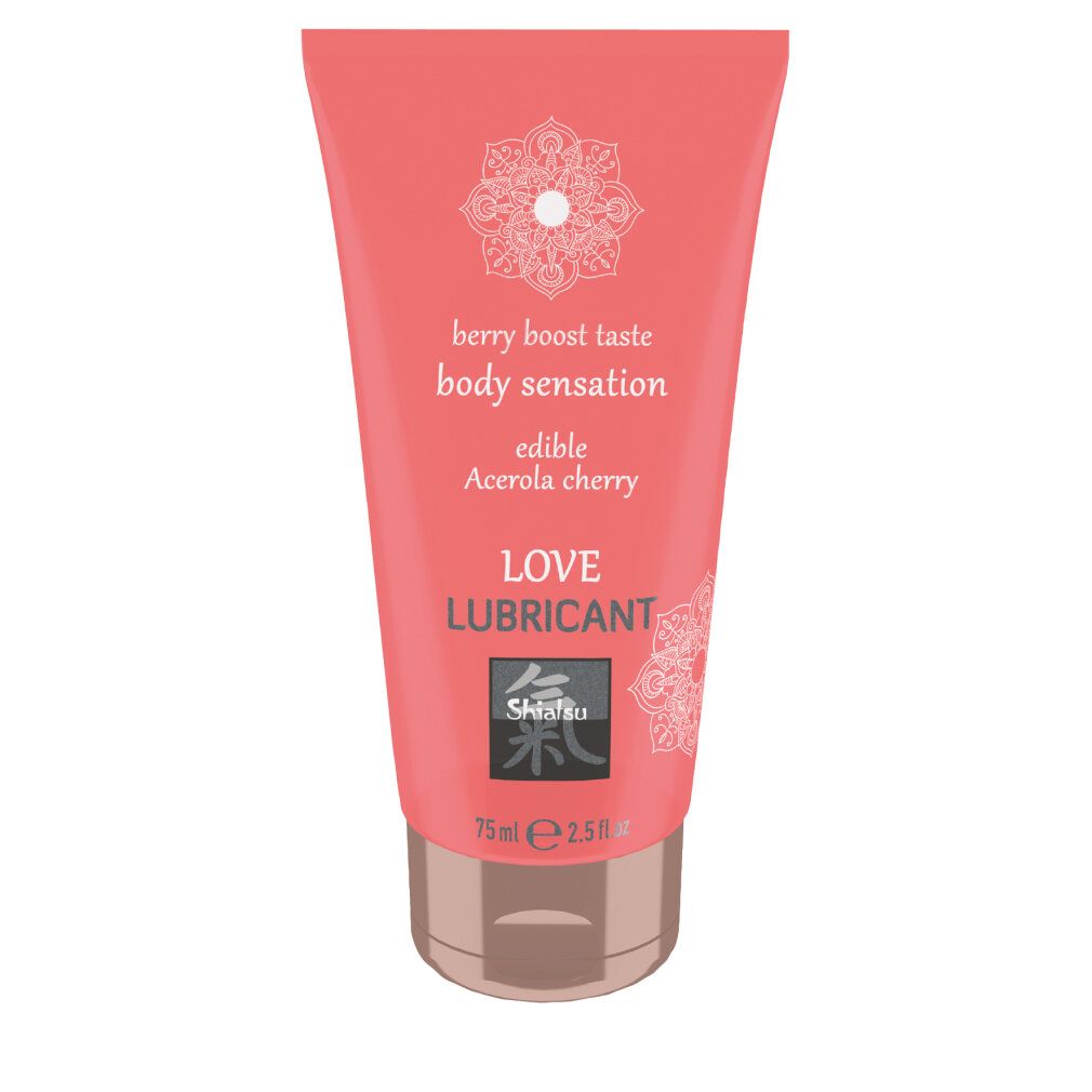 Rosa Tube mit weißer Schrift. Enthält „Love Lubricant“ und „Shiatsu“-Logo. 75ml/2.5 fl oz.