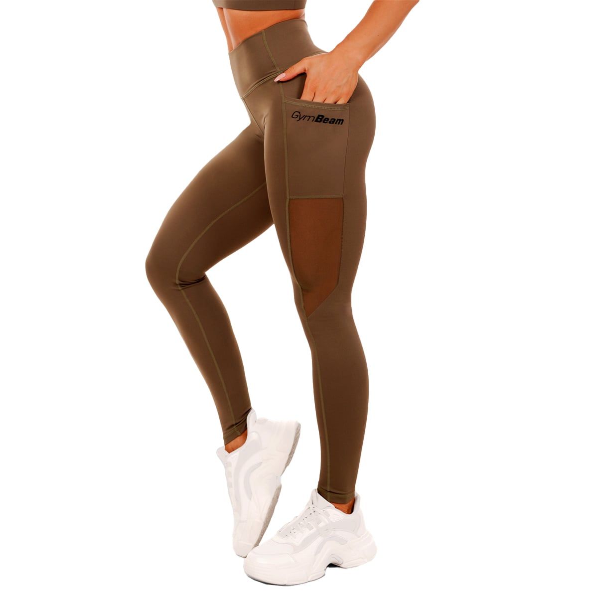 GymBeam Leggings Damen hohe Taille Mesh-Panel Taschen Olive