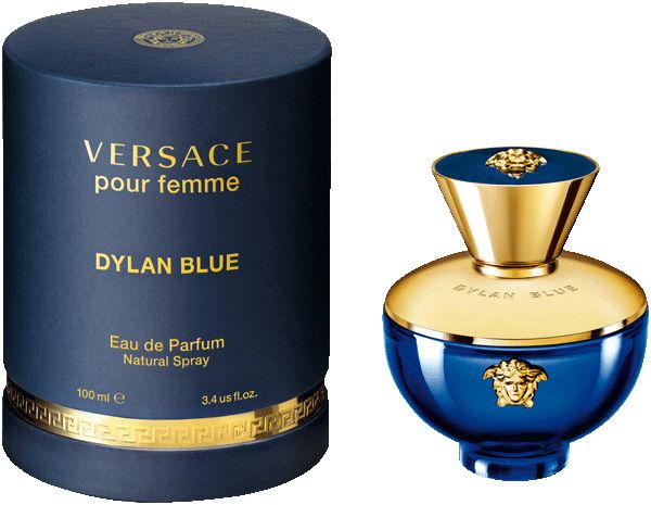 Blaues Parfumflakon und zylindrische Verpackung. Goldene Akzente. Aufschrift: Versace Pour Femme Dylan Blue.
