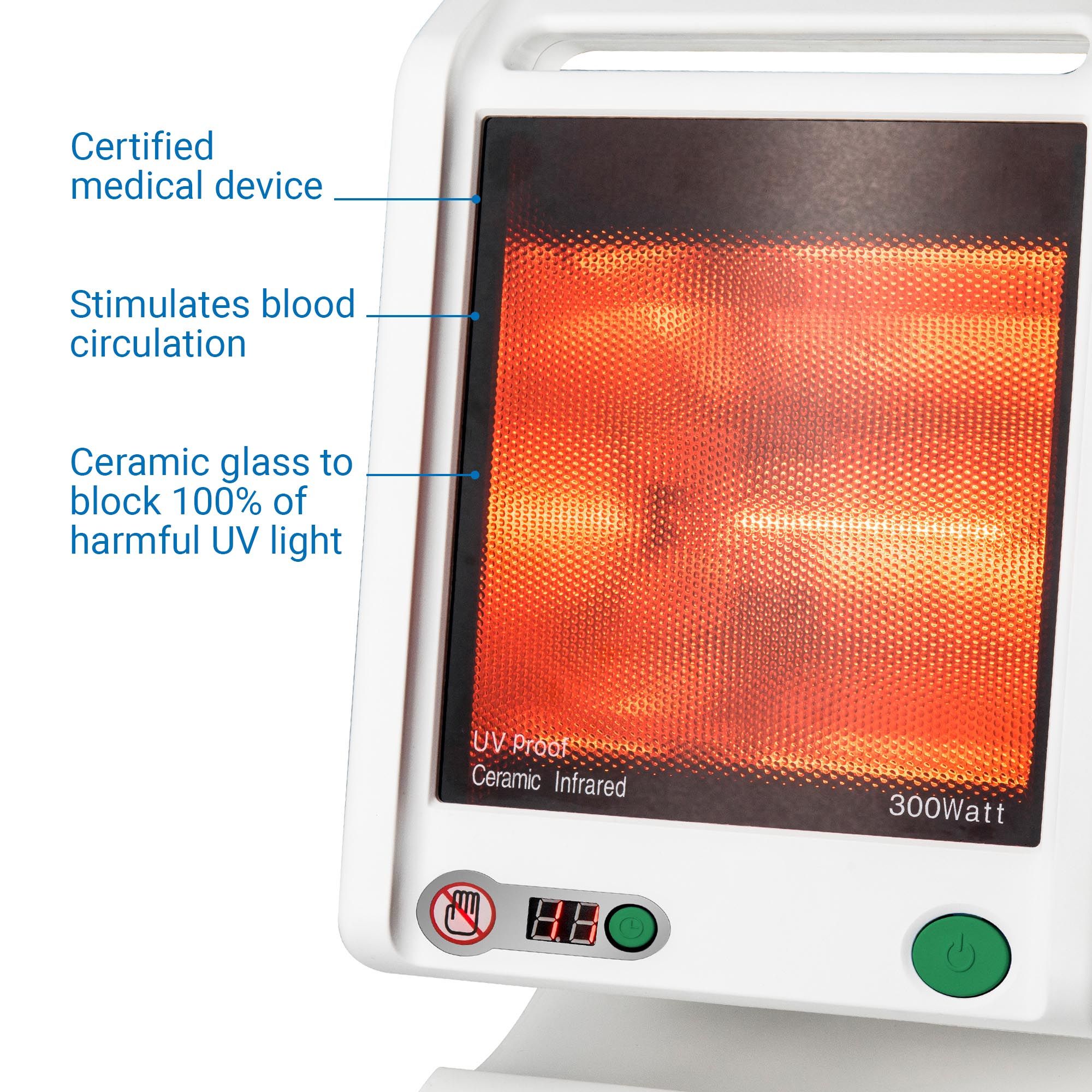 Nahaufnahme eines weißen Infrarot-Geräts. Beschriftungen: Certified medical device, Ceramic Infrared, 300 Watt. Bedienfeld.