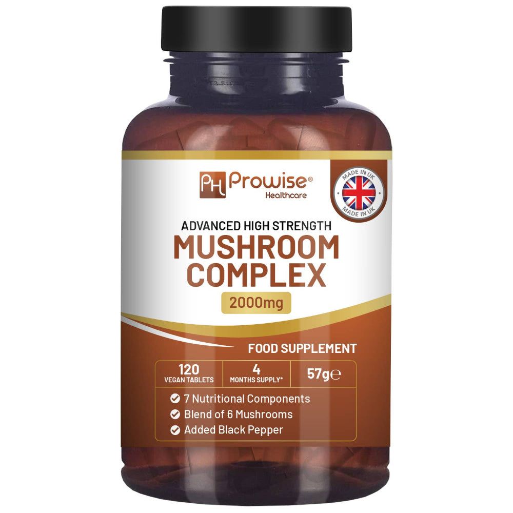 Braune Flasche Prowise Healthcare Mushroom Complex. 120 Tabletten, 4 Monate Vorrat, 57g. 7 Inhaltsstoffe, 6 Pilze, schwarzer Pfeffer.