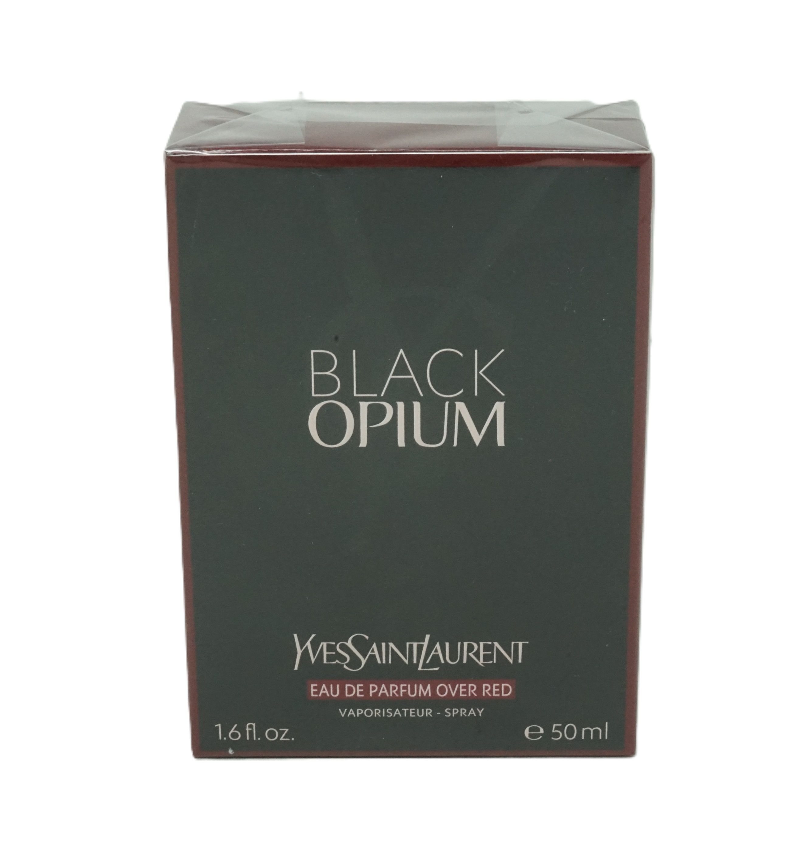 Schwarze Verpackung. Aufschrift 'BLACK OPIUM' und 'YVES SAINT LAURENT'. 'EAU DE PARFUM OVER RED'.