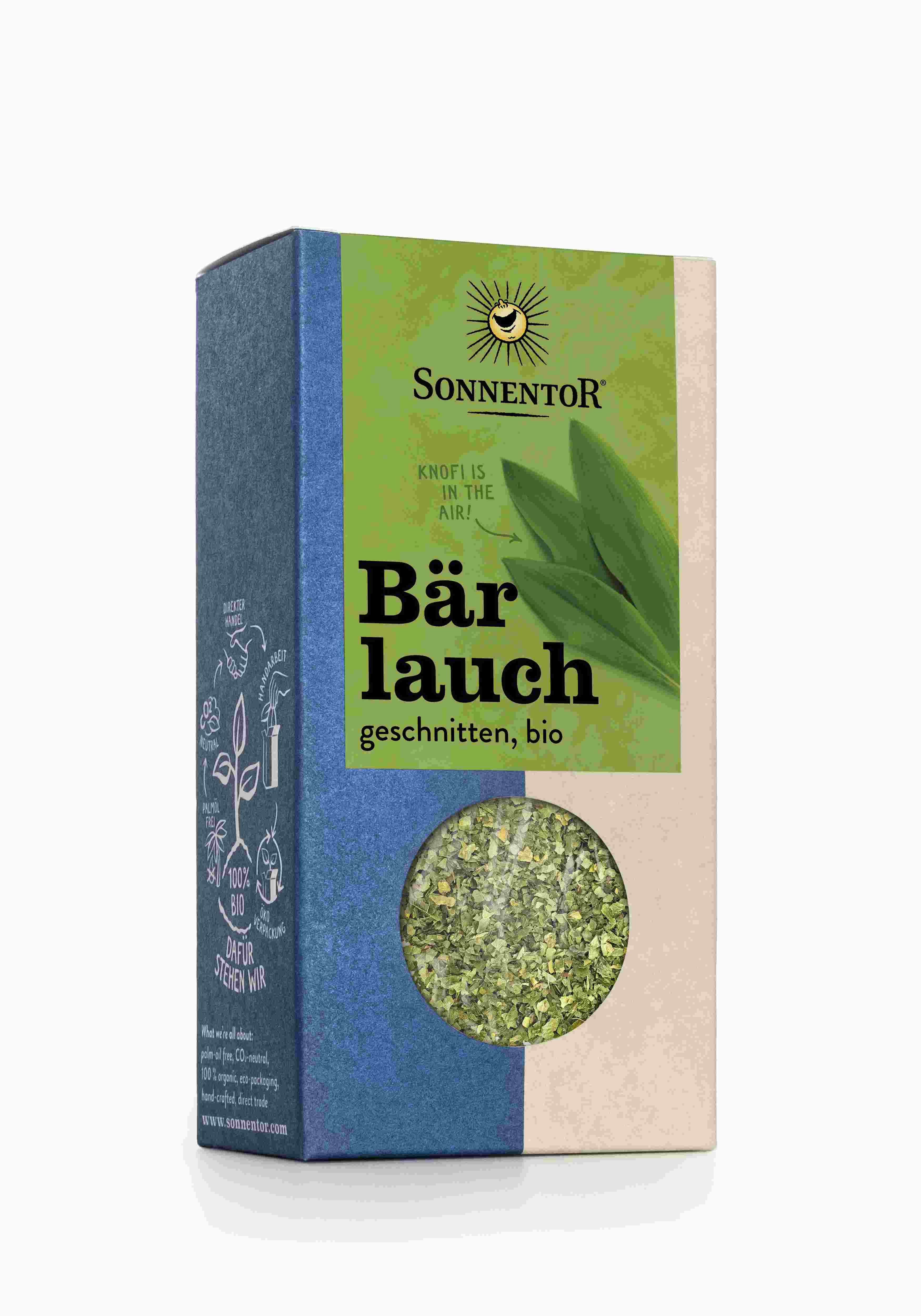 Kartonverpackung von SonnentoR® Bärlauch geschnitten, bio. Sichtfenster zeigt Inhalt. Grün-weißes Etikett mit Logo und Produktbezeichnung.