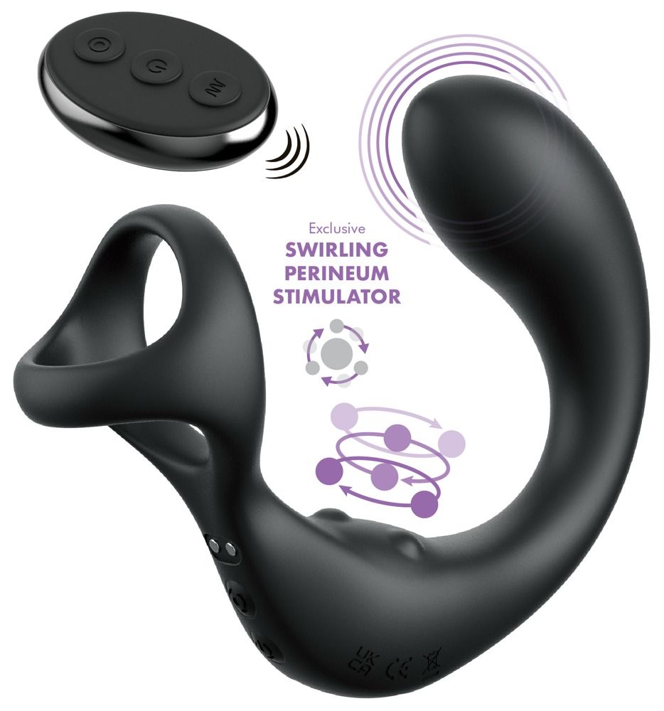 Schwarzes Wellness-Produkt mit Ring und gebogener Form. Enthält Fernbedienung. Merkmale: Swirling Perineum Stimulator. Produktname nicht sichtbar.