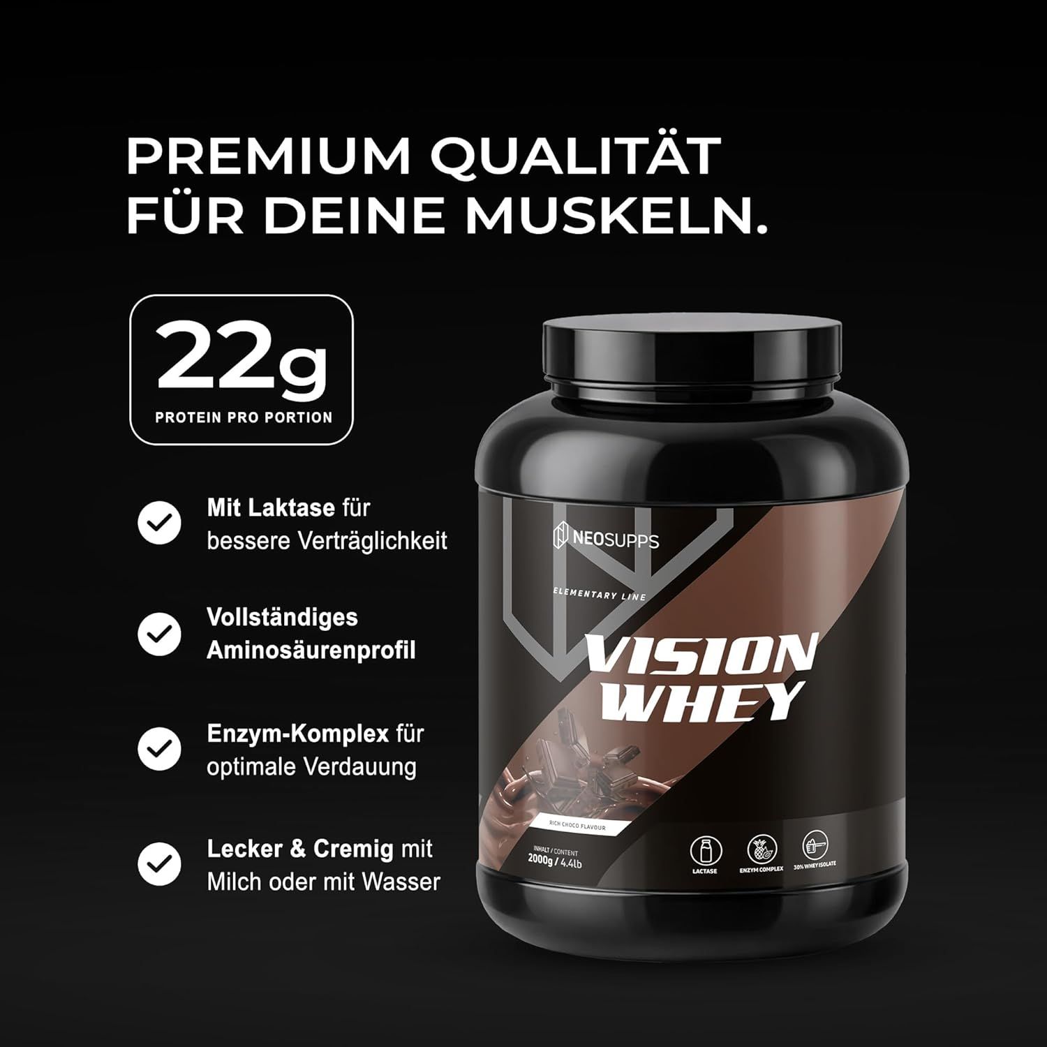 Neosupps Vision Whey Rich Choco, Protein Pulver,  zum Abnehmen & Muskelaufbau
