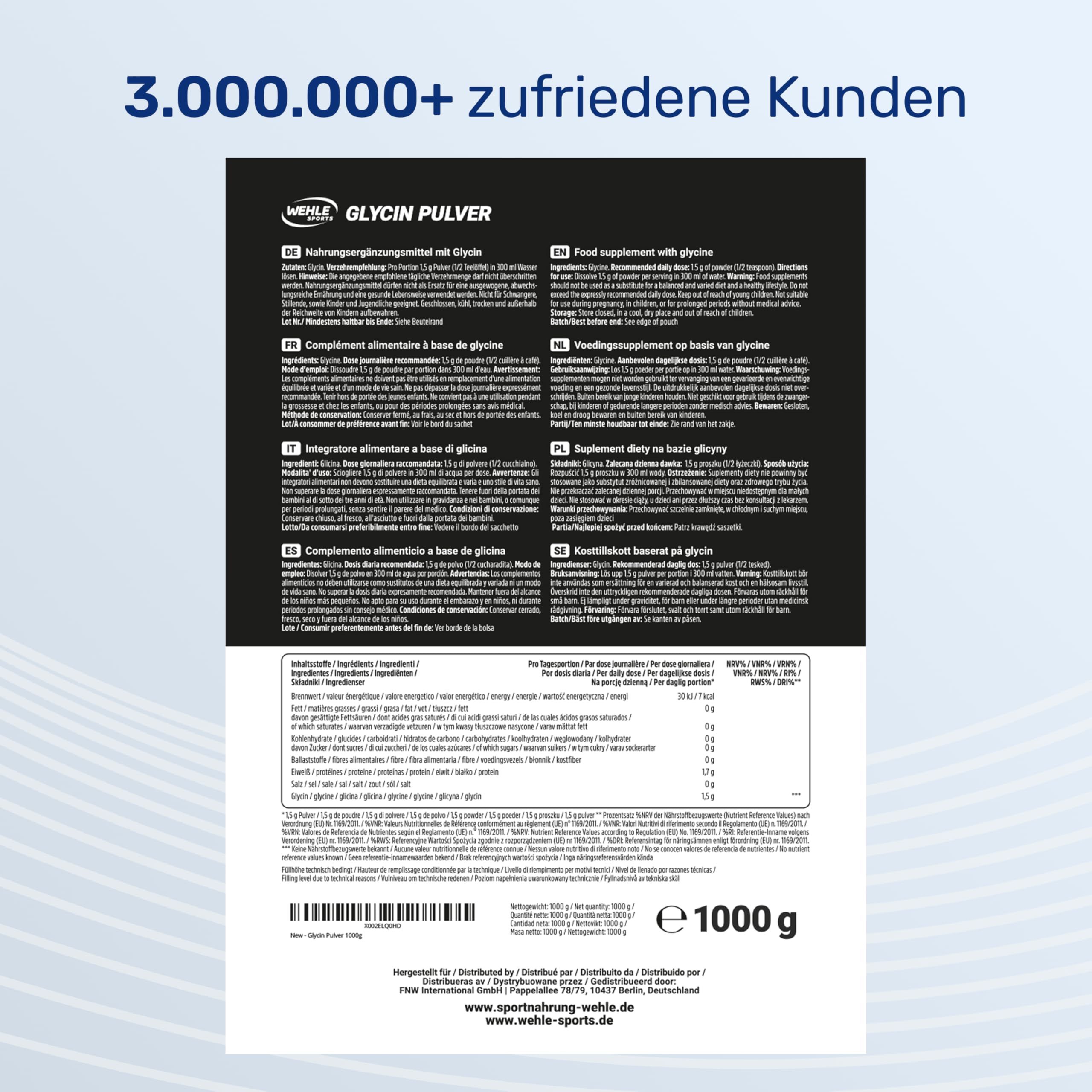 Rückseite der Verpackung mit Text. Aufschrift: GLYCIN PULVER, 1000g. Marke: WEHLE SPORTS. Mehrsprachige Produktinformationen und Nährwertangaben.