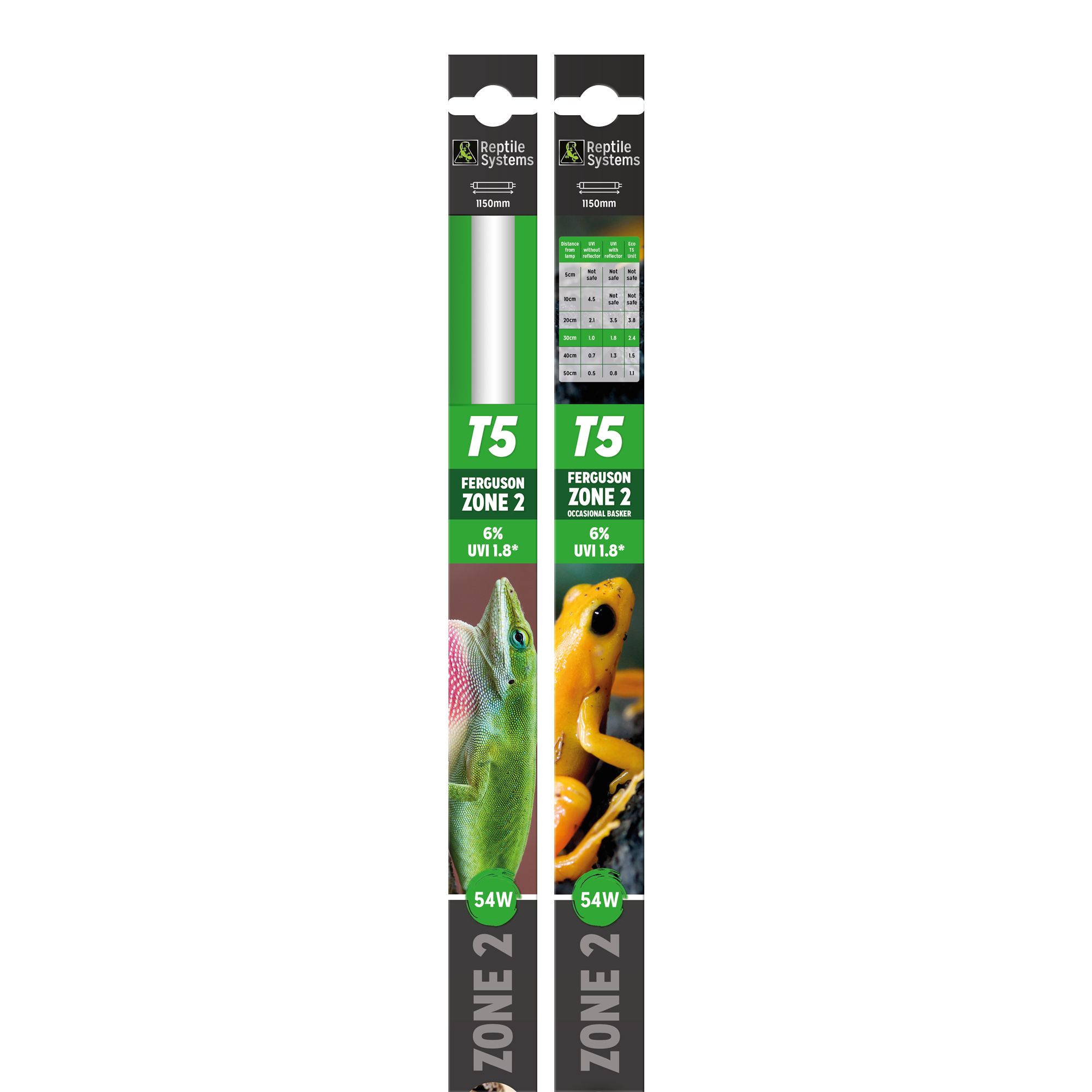 Zwei Leuchtstoffröhren. Aufschrift: T5, Ferguson Zone 2, 6% UVB, UVI 1.8. Mit Bildern von Reptilien. Verpackung mit Produktinformationen.