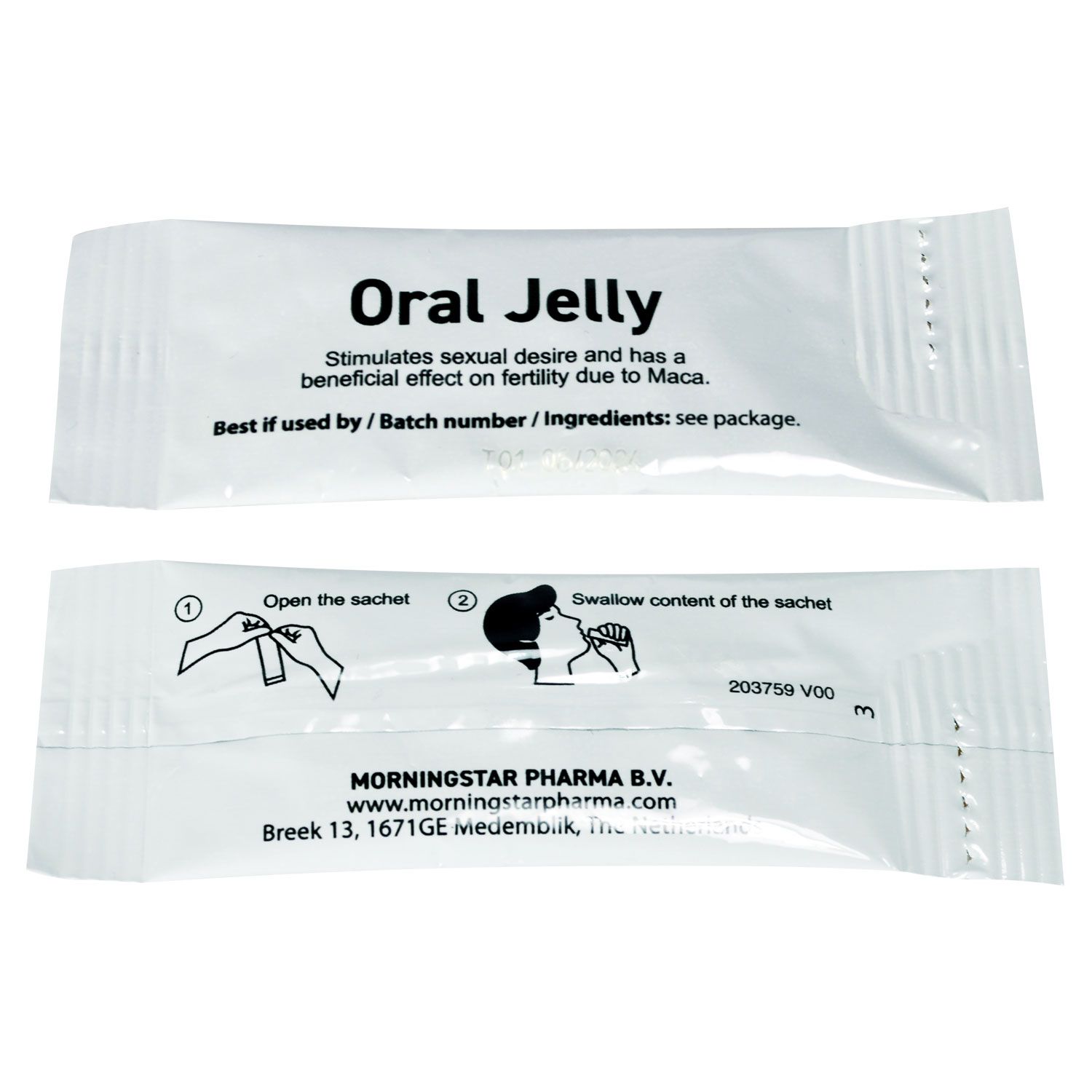 Einzelportion Oral Jelly in einem Beutel, zur oralen Einnahme bestimmt.