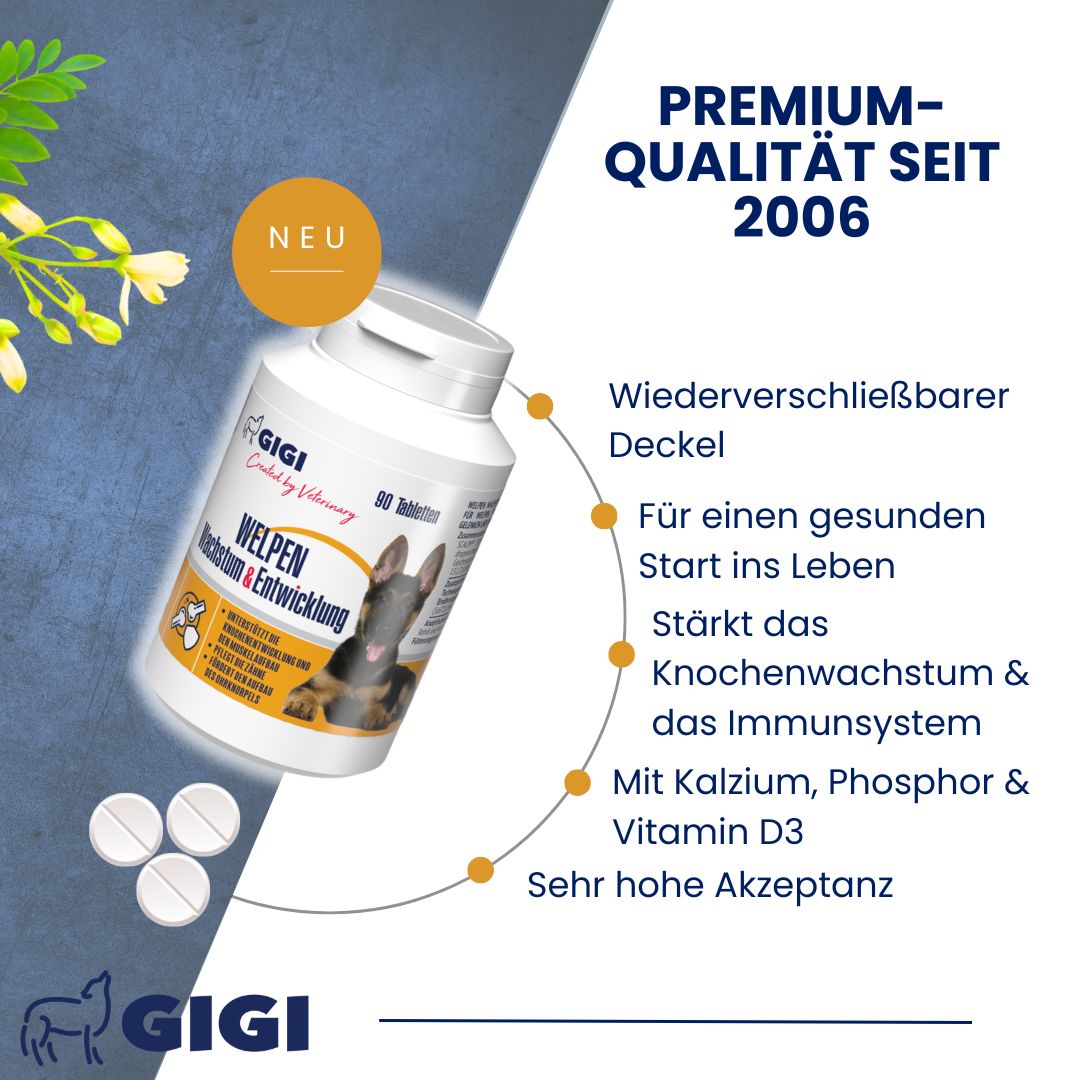 Weiße Tabletten-Dose mit Deckel. Aufschrift: GIGI VET Welpen Wachstum & Entwicklung. Text: Premium-Qualität seit 2006. Tabletten daneben.