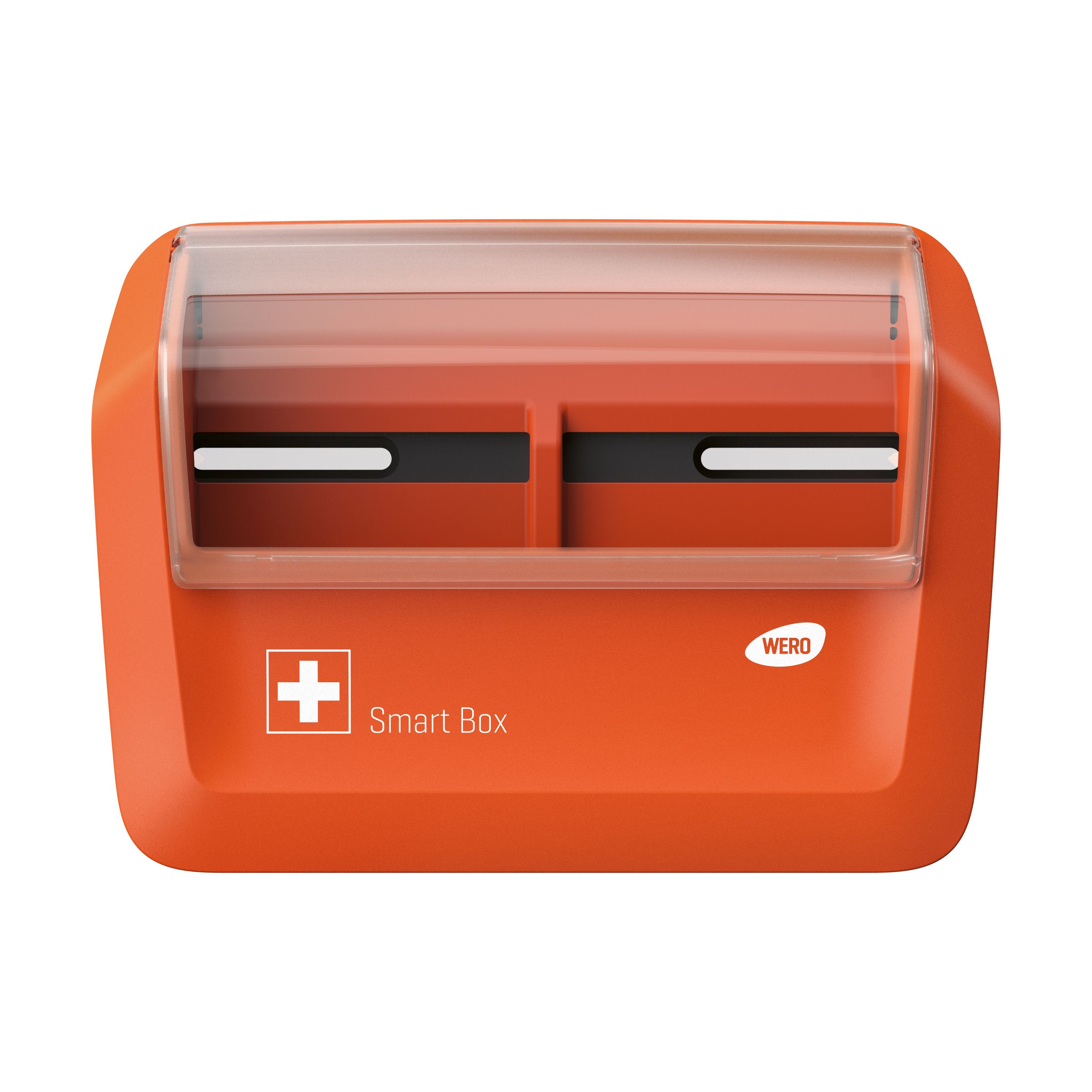 Orange WERO Smart Box® Pflasterspender mit transparentem Deckel. Weißes Kreuz-Symbol. Schwarze Innenfächer.