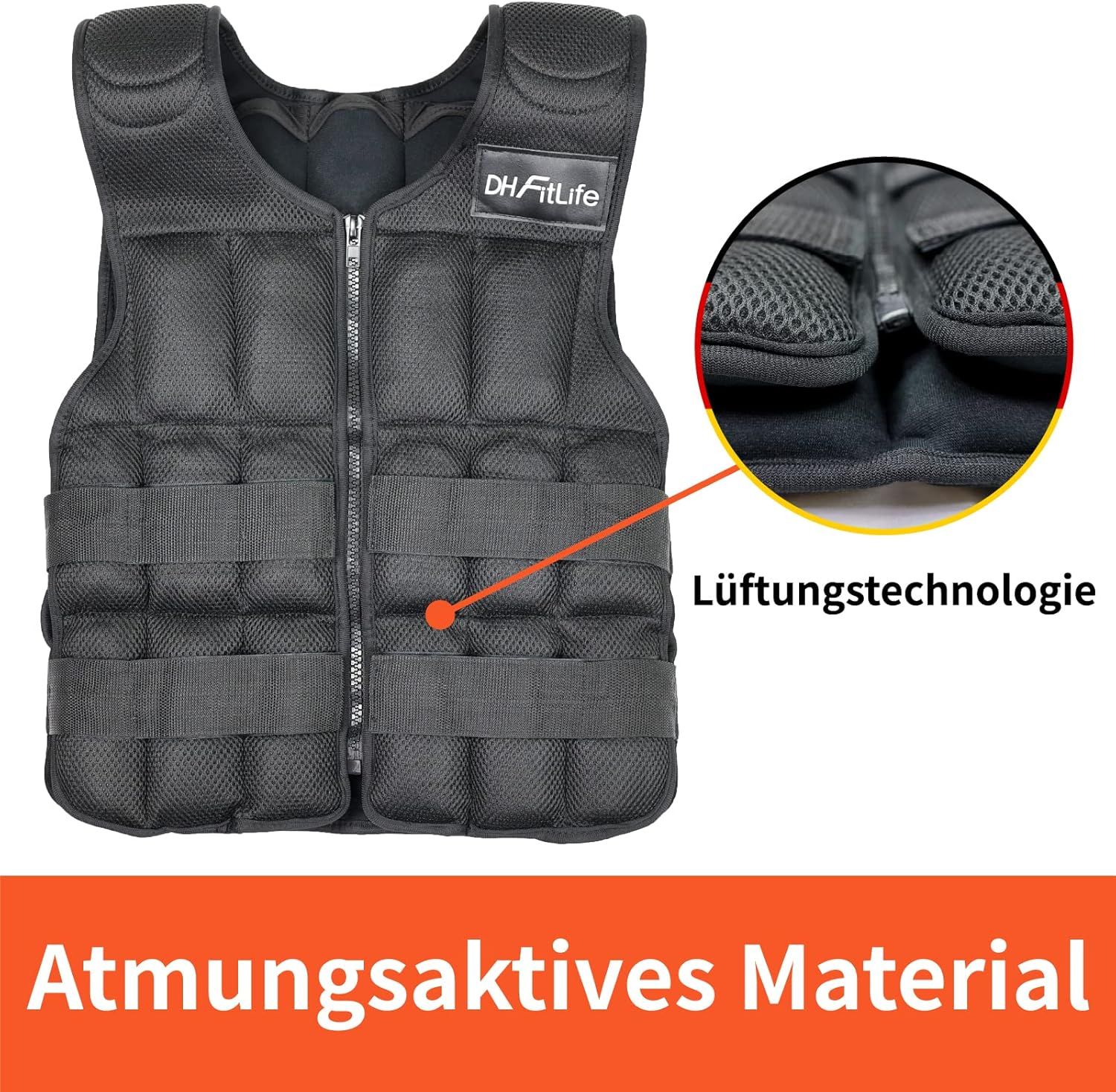 Schwarze Gewichtsweste mit Reißverschluss. Detail: atmungsaktives Material und Lüftungstechnologie. DH FitLife Logo.