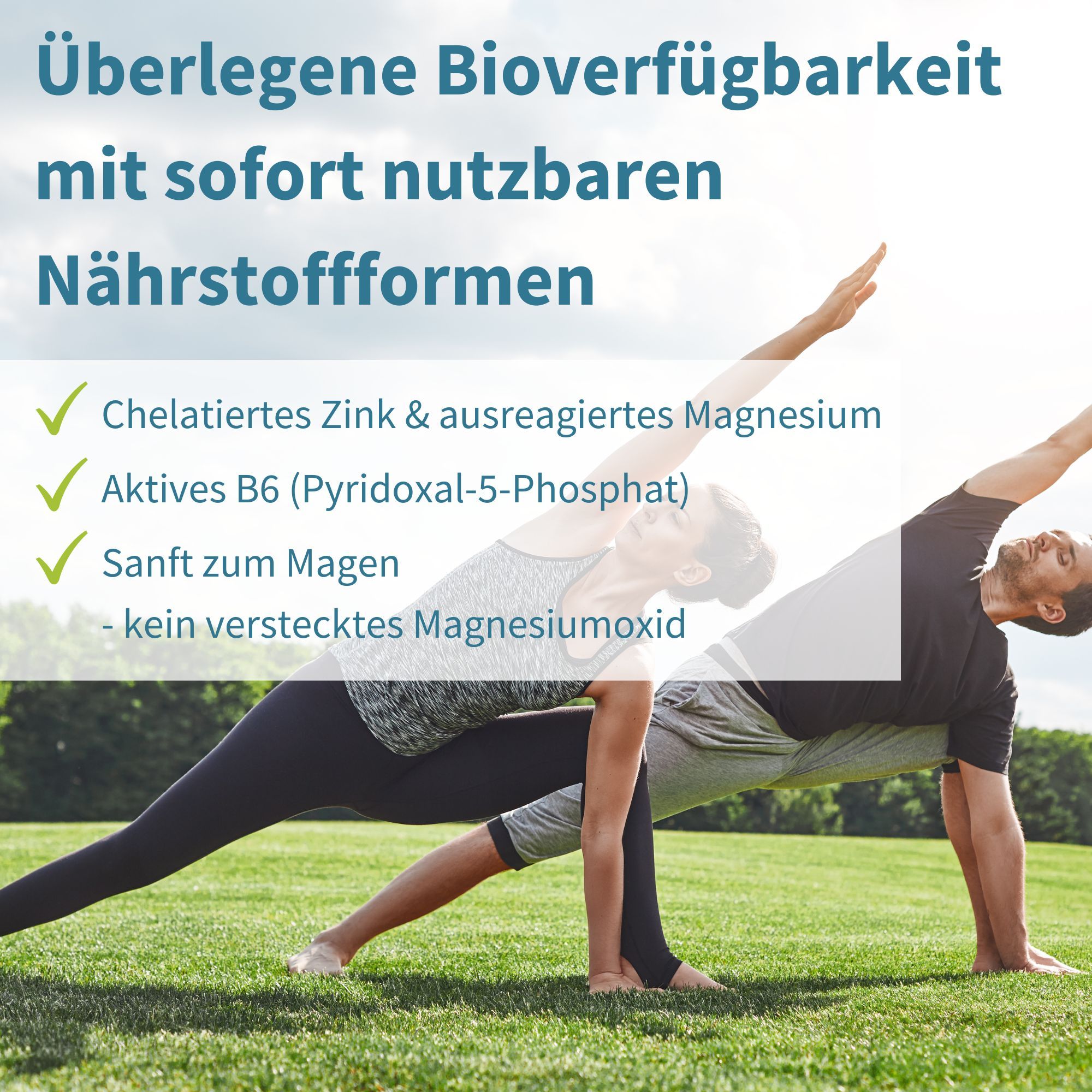 Mann und Frau beim Yoga. Text: Überlegene Bioverfügbarkeit mit sofort nutzbaren Nährstoffformen. Chelatisiertes Zink & ausreagiertes Magnesium.