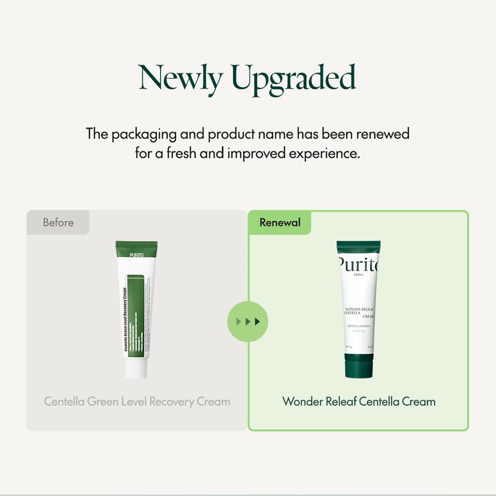 Vergleich: Vorher: Centella Green Level Recovery Cream. Nachher: Wonder Releaf Centella Cream. Text: Newly Upgraded.