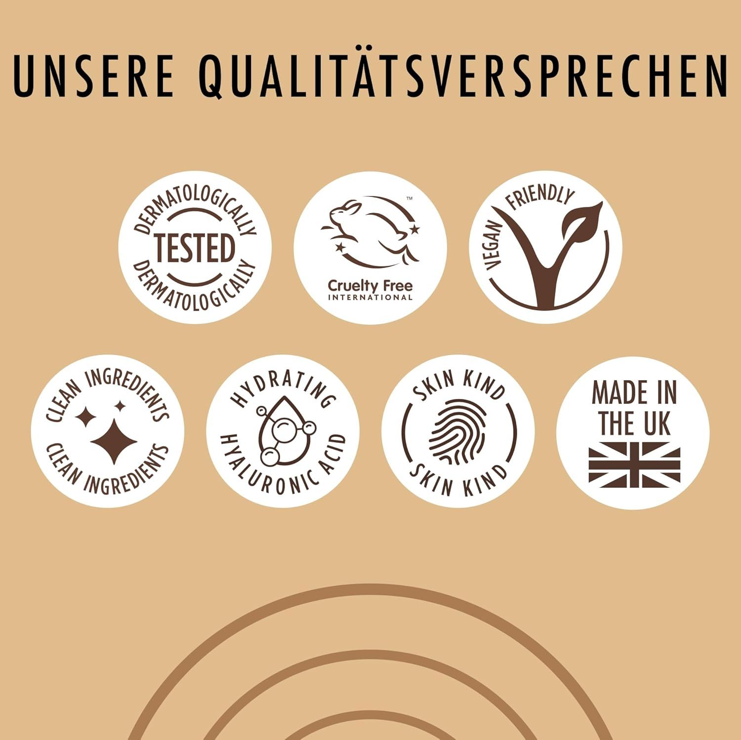 Sieben Qualitätszeichen. Dermatologisch getestet, Cruelty Free, Vegan, Clean Ingredients, Hydrating, Skin Kind, Made in the UK.