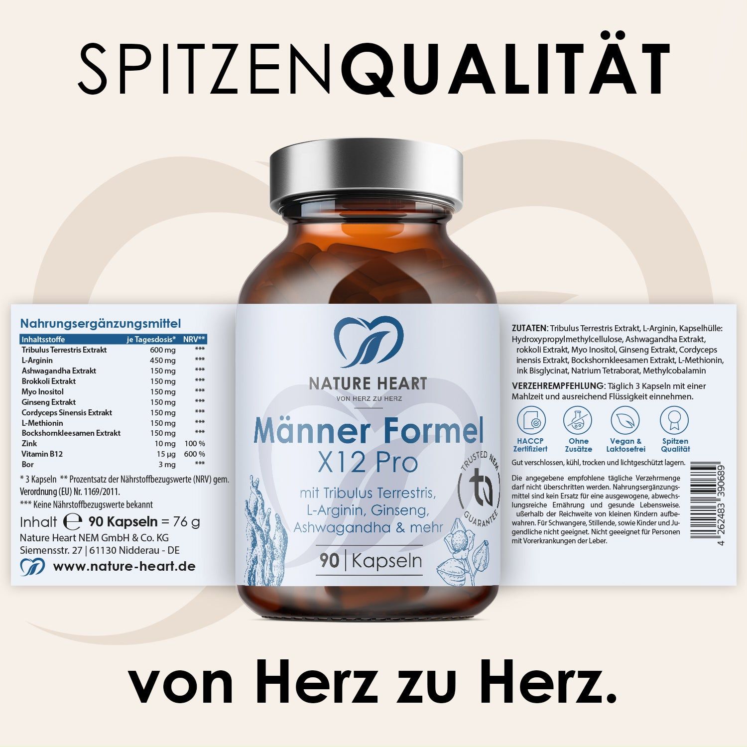 Nature Heart Männer Formel X12 Pro Kapseln: Nährwertangaben und Inhaltsstoffe auf ausgeklapptem Etikett.