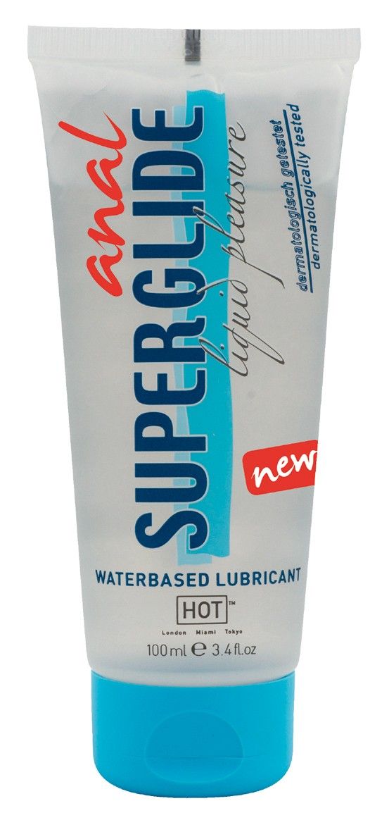 Tube mit "ANAL SUPERGLIDE"-Schriftzug. Wasserbasiertes Gleitmittel. "HOT"-Kennzeichnung. Dermatologisch getestet. Blaue Kappe. "NEW" Label.
